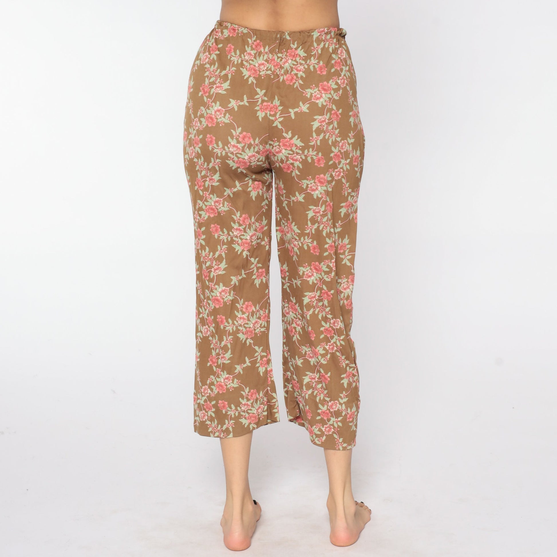 80s Floral Trousers Brown Pink Print High Waist Straight Leg Small
