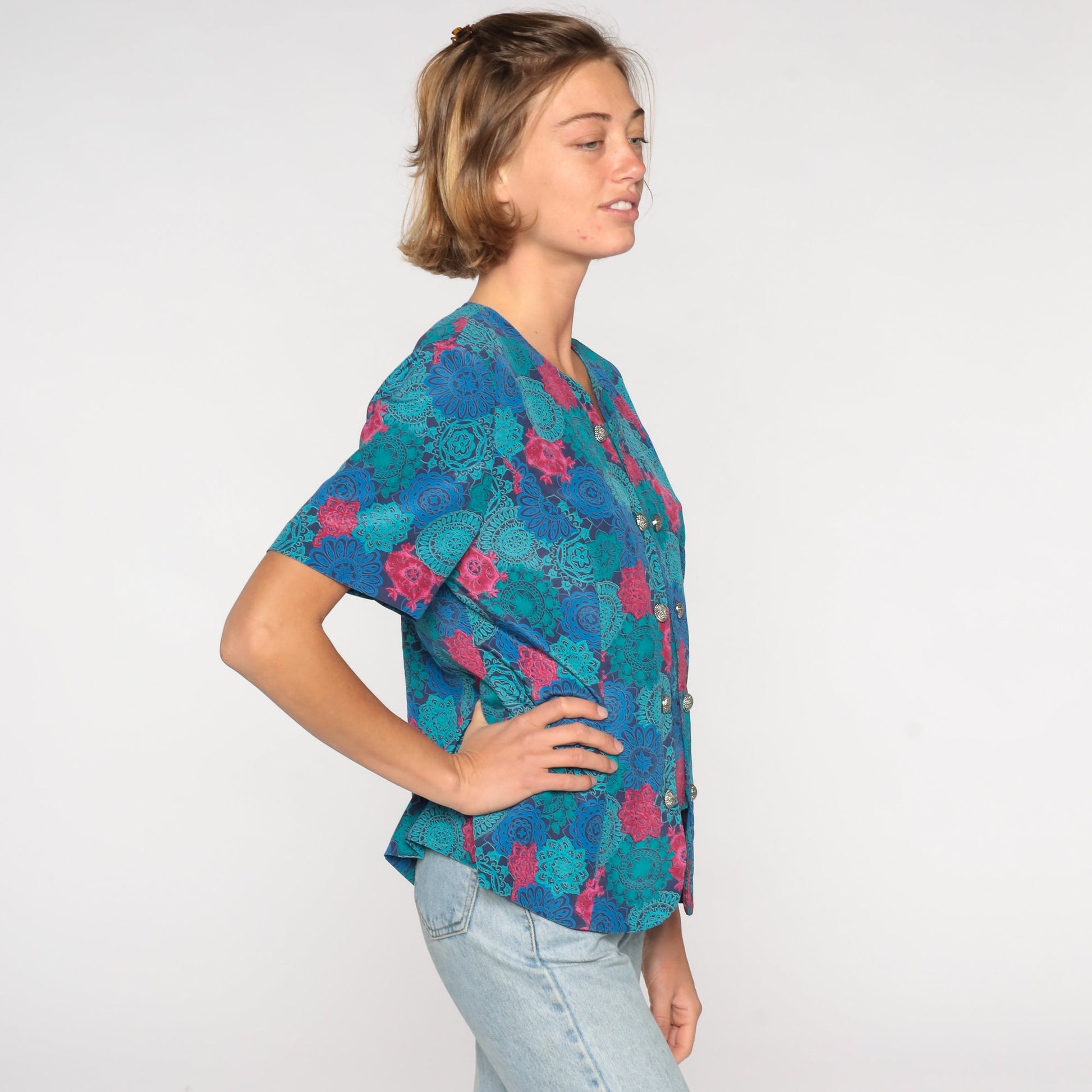 80s Leslie Fay Geometric Button Up Shirt Blue Short Sleeve Medium