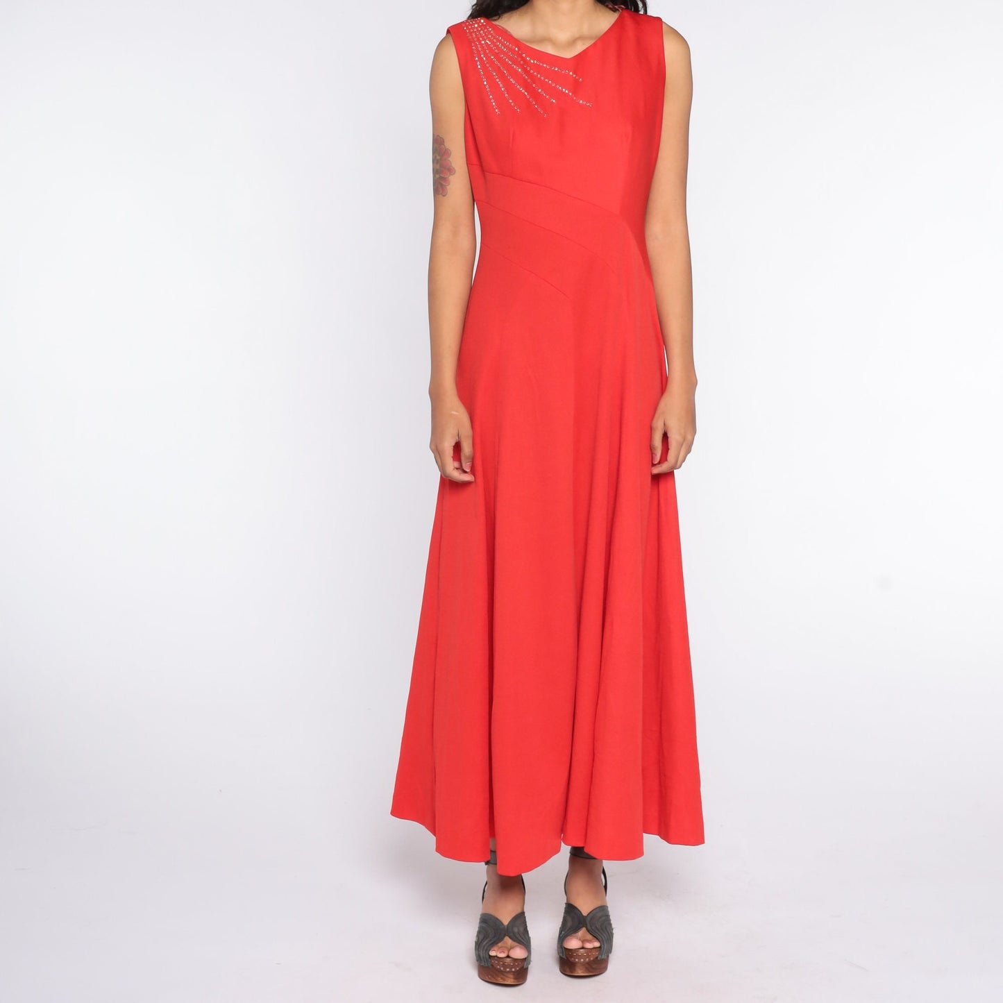 70s Red Rhinestone Maxi Dress Grecian Sleeveless Party Gown Large L