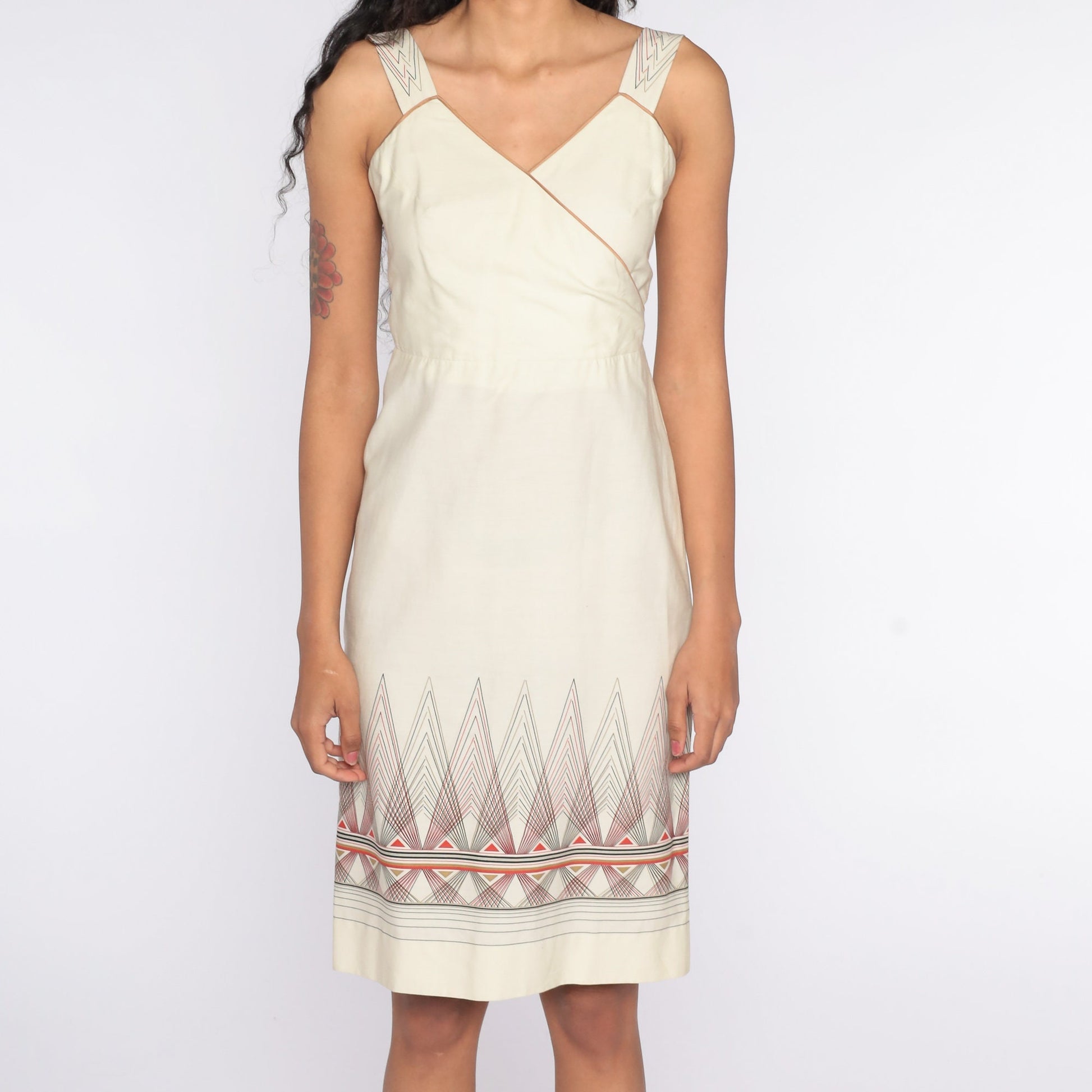 70s Cream Geometric Stripe Mini Dress Sleeveless High Waist Extra Small