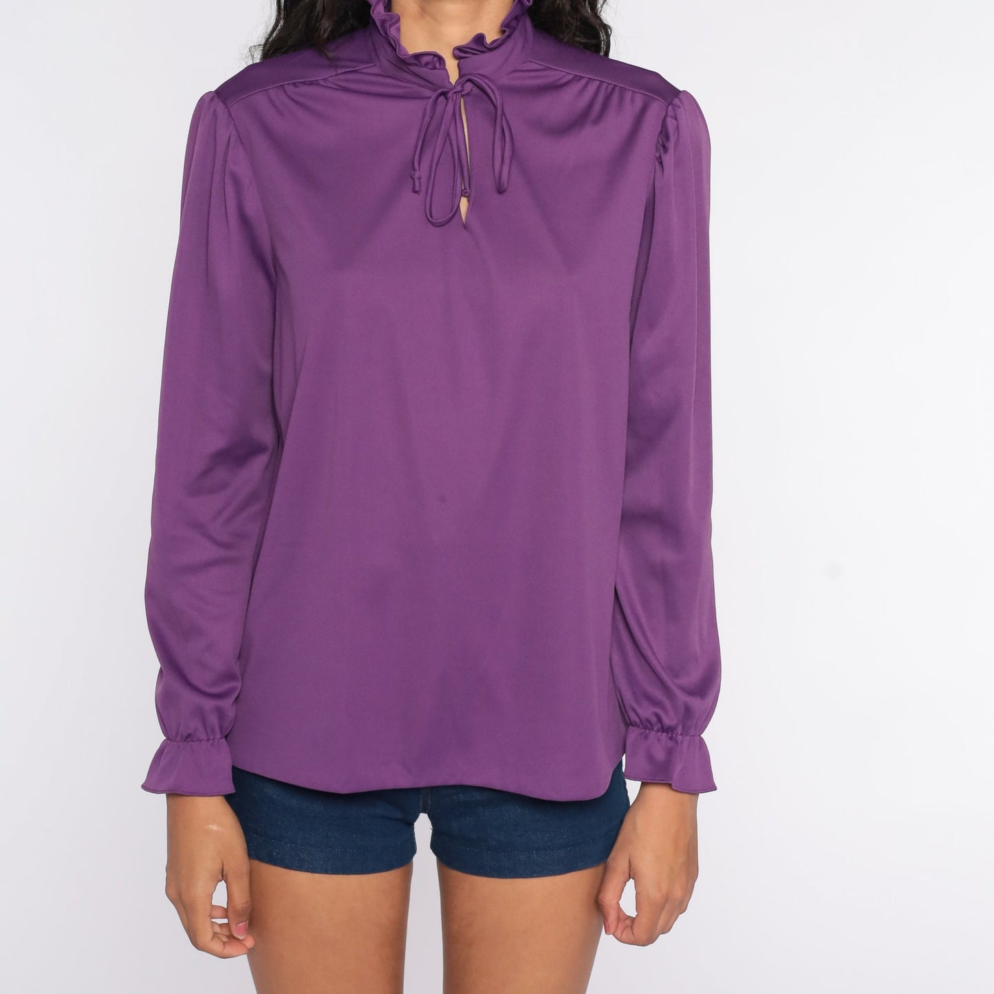 70s Purple Puff Sleeve Blouse Keyhole Tie Neck Ruffle Top Medium