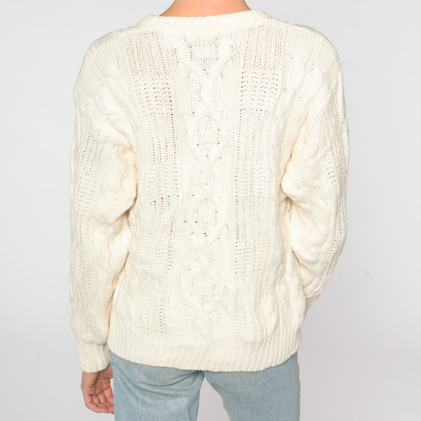 80s Cream Cable Knit Sweater Pullover Crewneck Medium