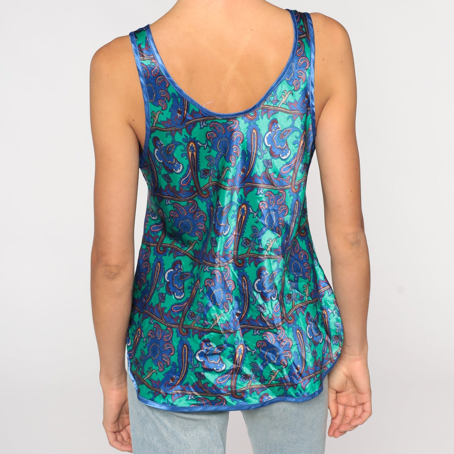 90s Green Paisley Satin Camisole Deep V Neck Tank Top Medium