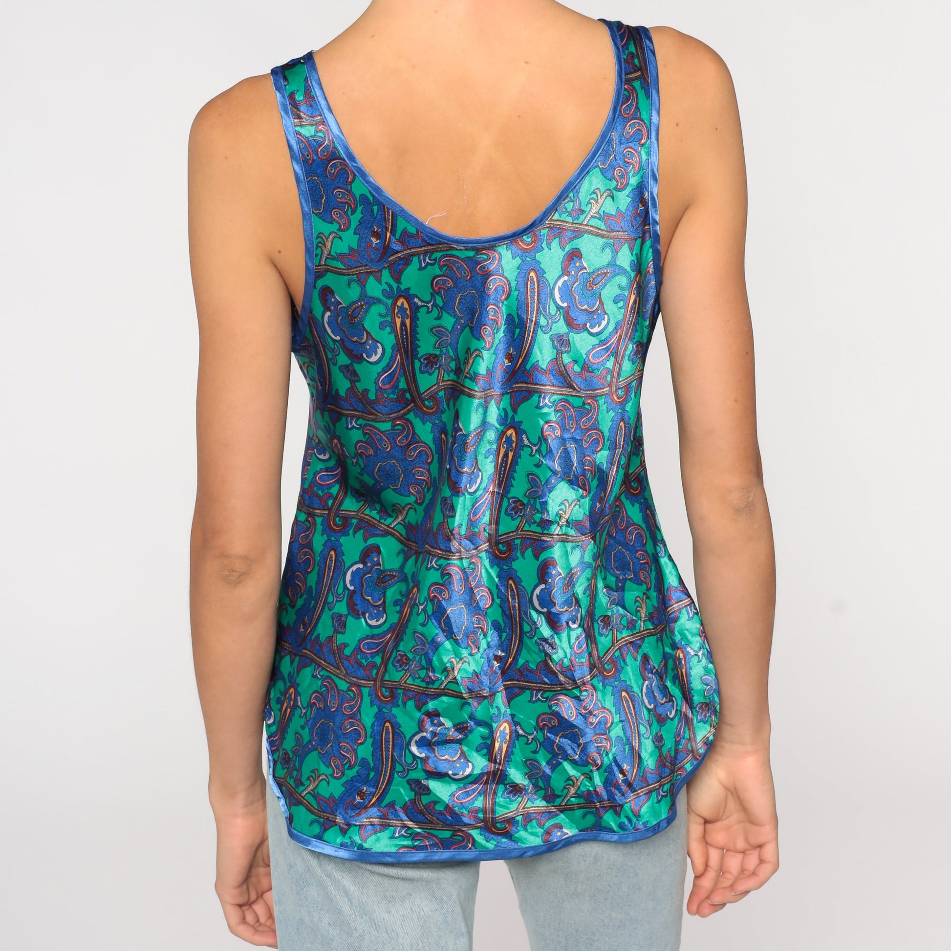 90s Green Paisley Satin Camisole Deep V Neck Tank Top Medium