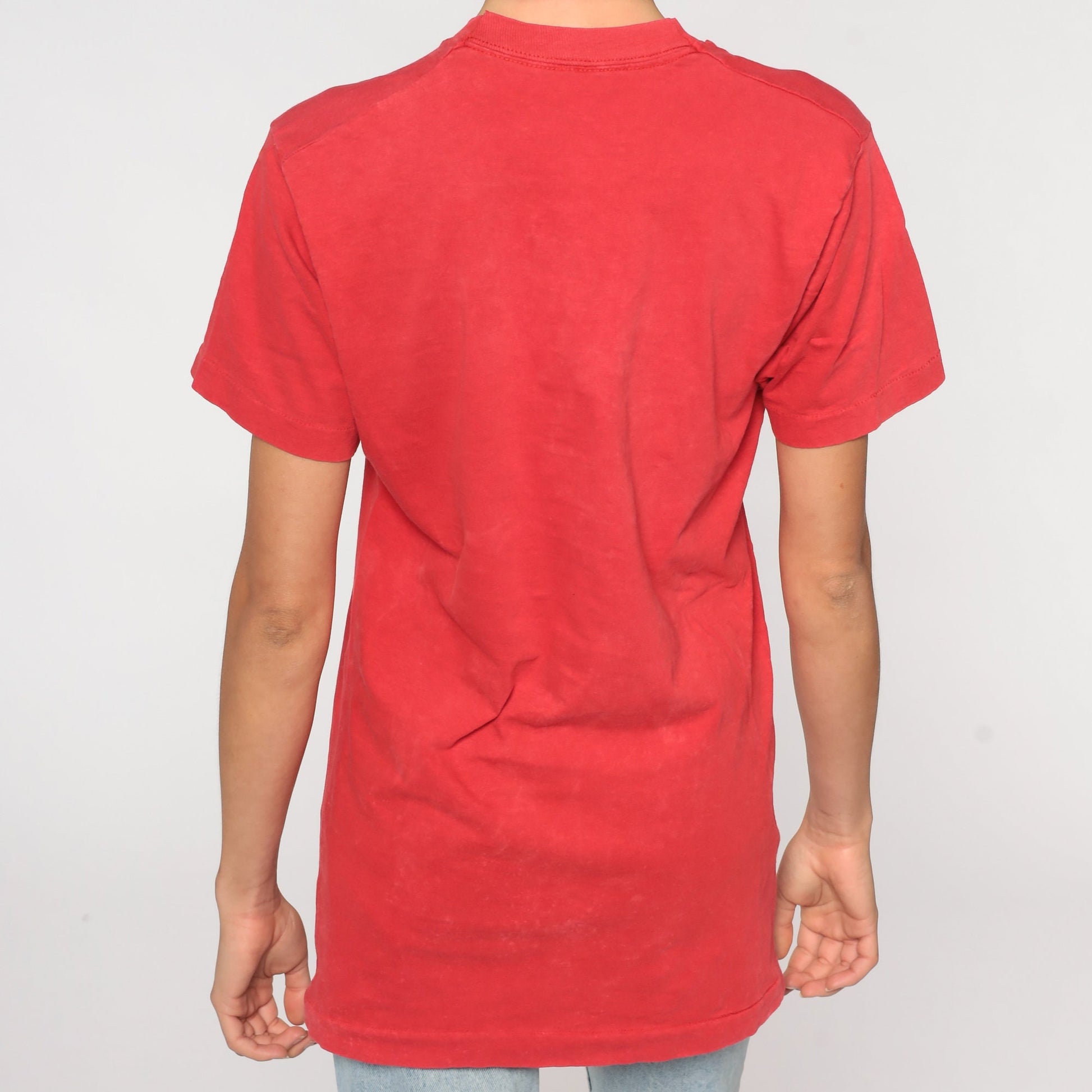 80s Red Cotton Pocket T-Shirt Plain Tee Small S