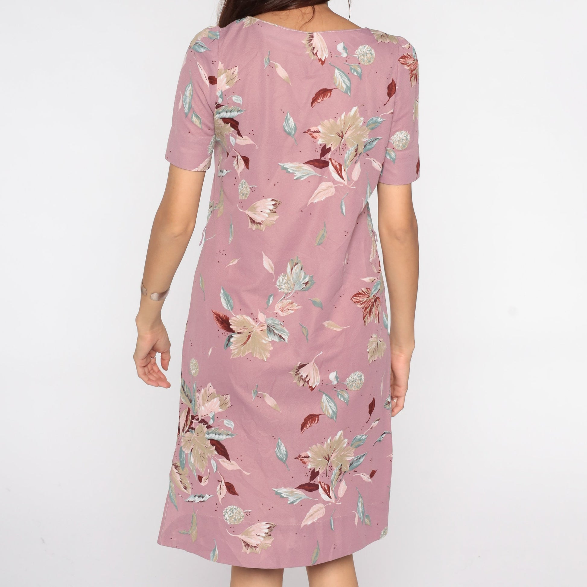 80s Purple Floral Puff Sleeve Dress Knee-Length Small Medium