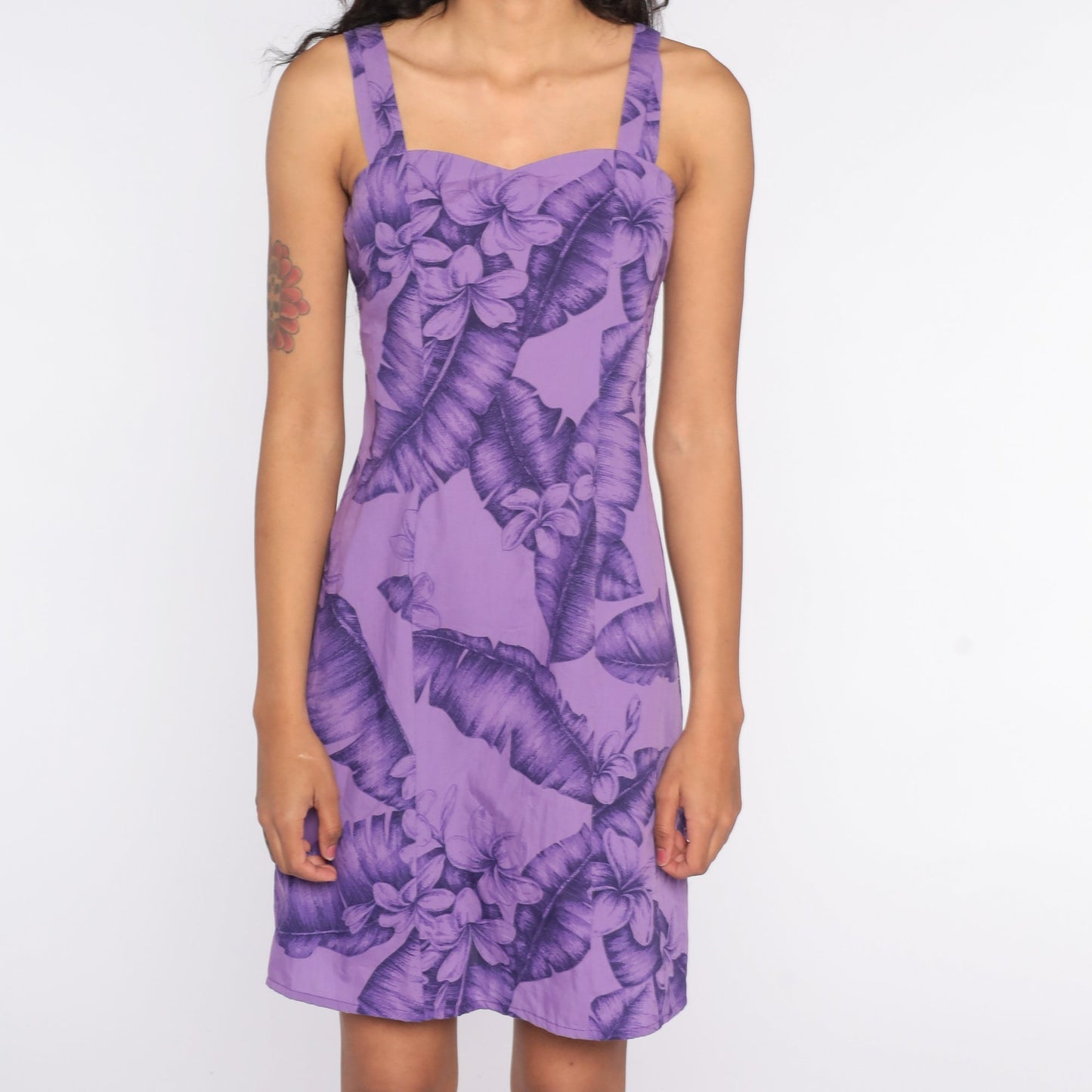 80s Purple Floral Tropical Mini Sundress Sweetheart Neckline Extra Small
