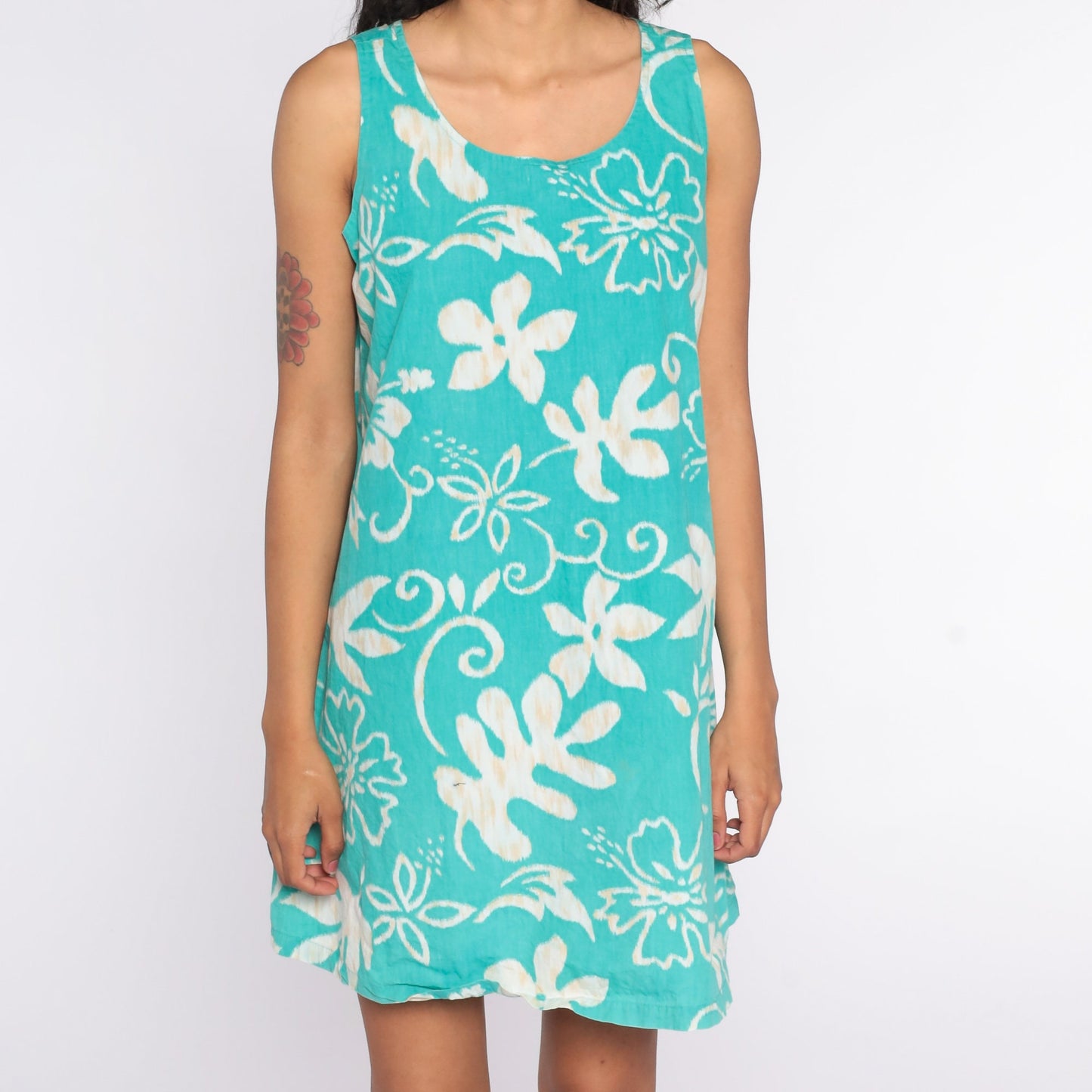 90s Reyn Spooner Hawaiian Mini Dress Turquoise Floral Cotton Medium