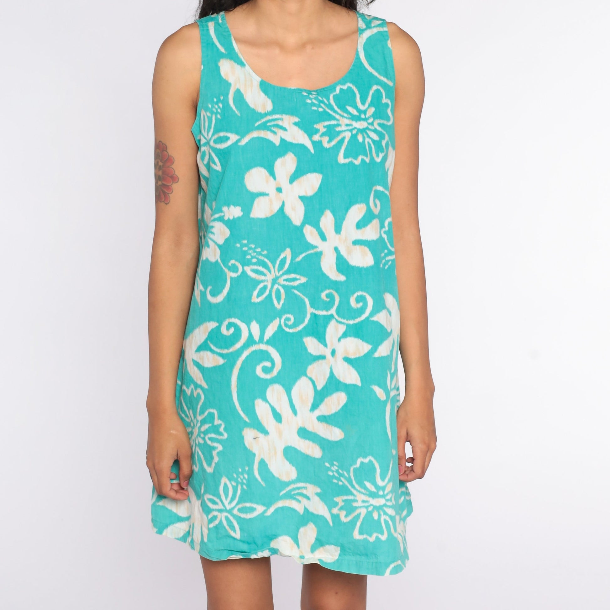 90s Reyn Spooner Hawaiian Mini Dress Turquoise Floral Cotton Medium