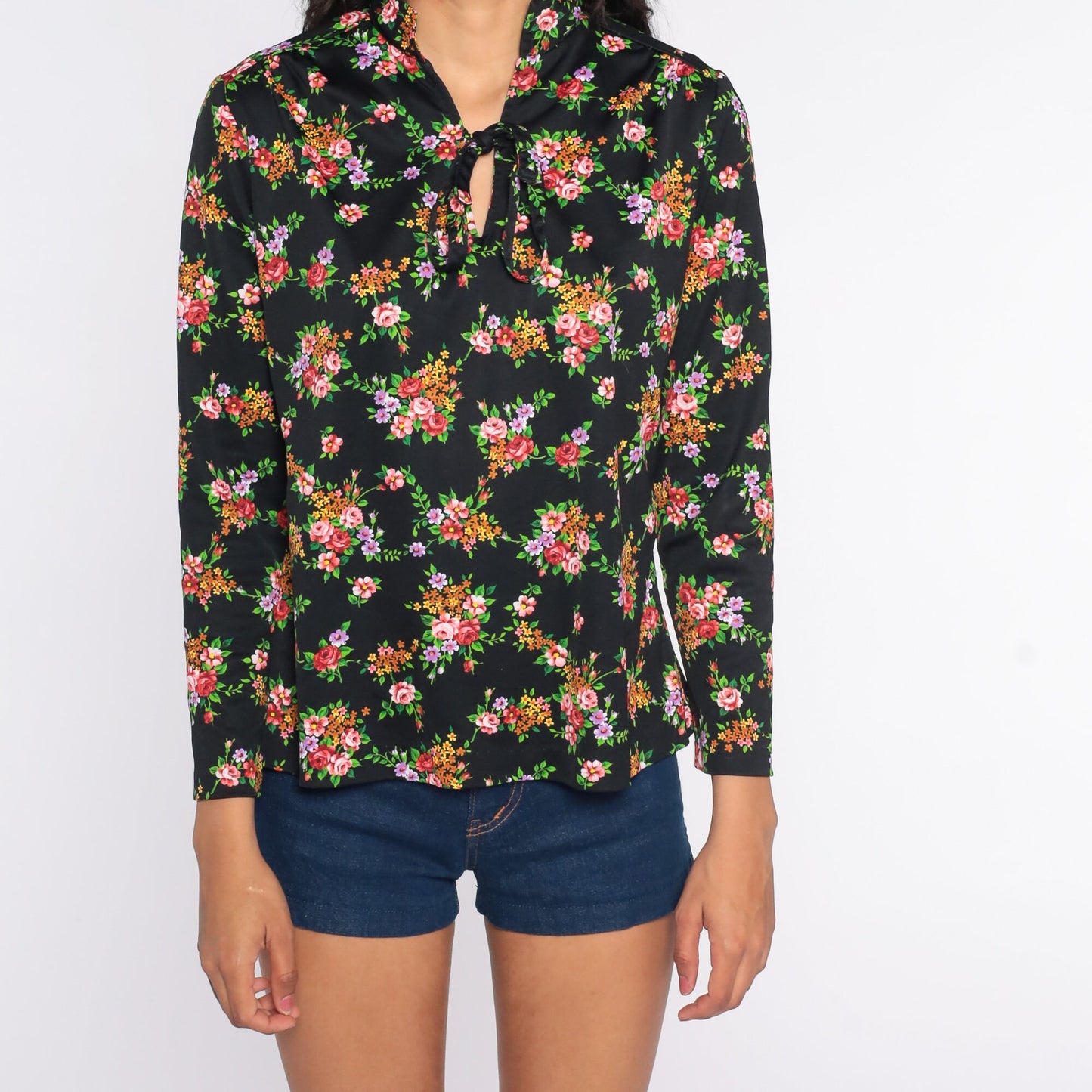 70s Black Floral Ascot Blouse Long Sleeve Neck Tie Top Large L
