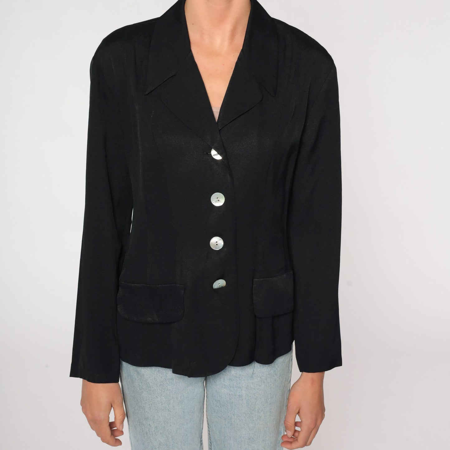 90s Black Blazer Four Button Structured Jacket Small S