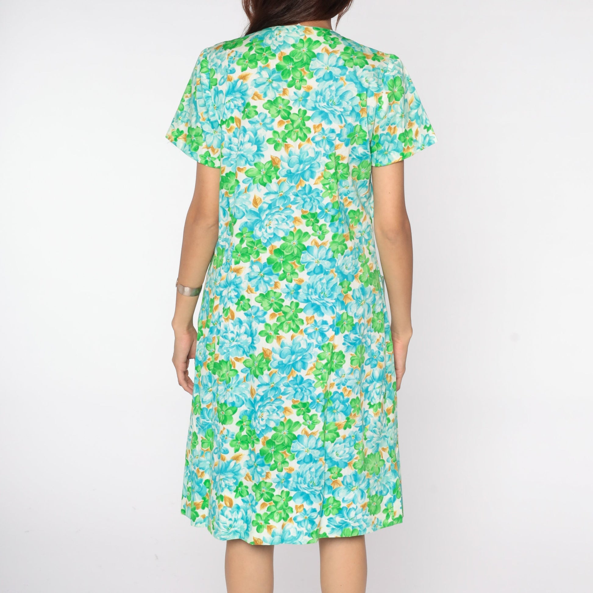 60s Floral Print Button-Up Dress White Blue Green Knee-Length Medium