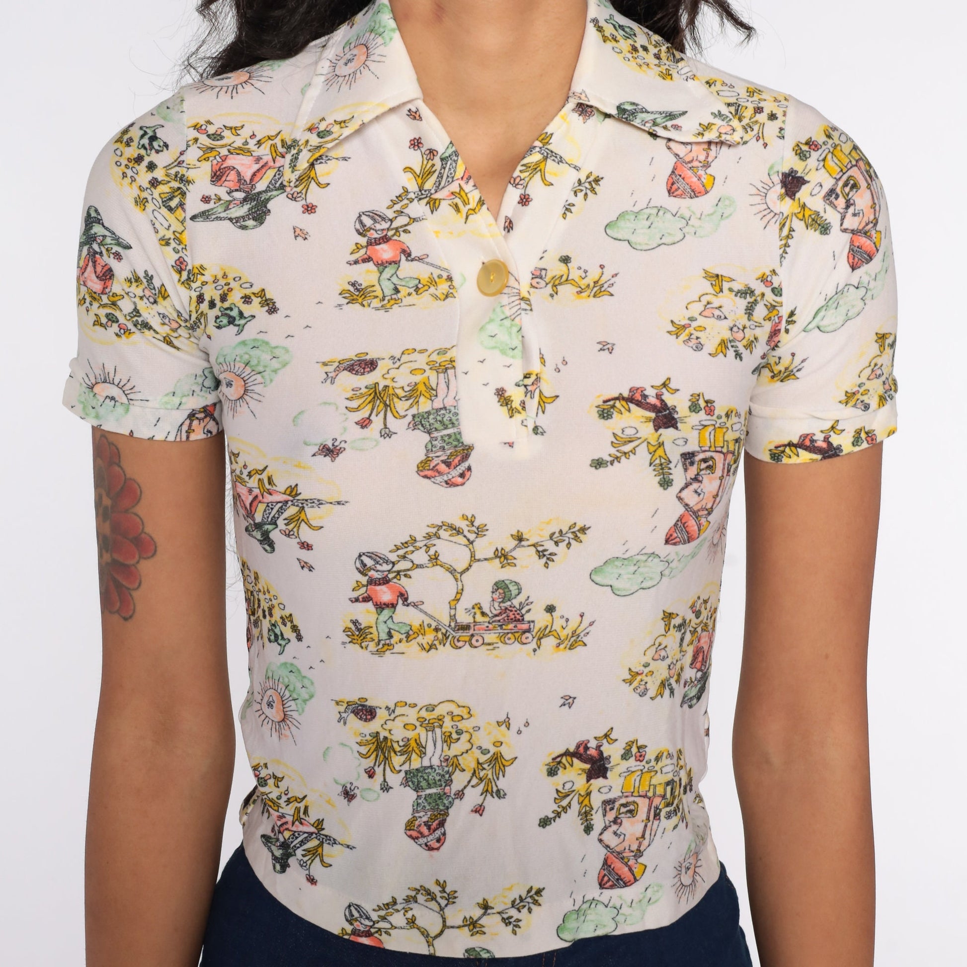 70s Children's Novelty Print Button-Up Shirt Short Sleeve Blouse XXS