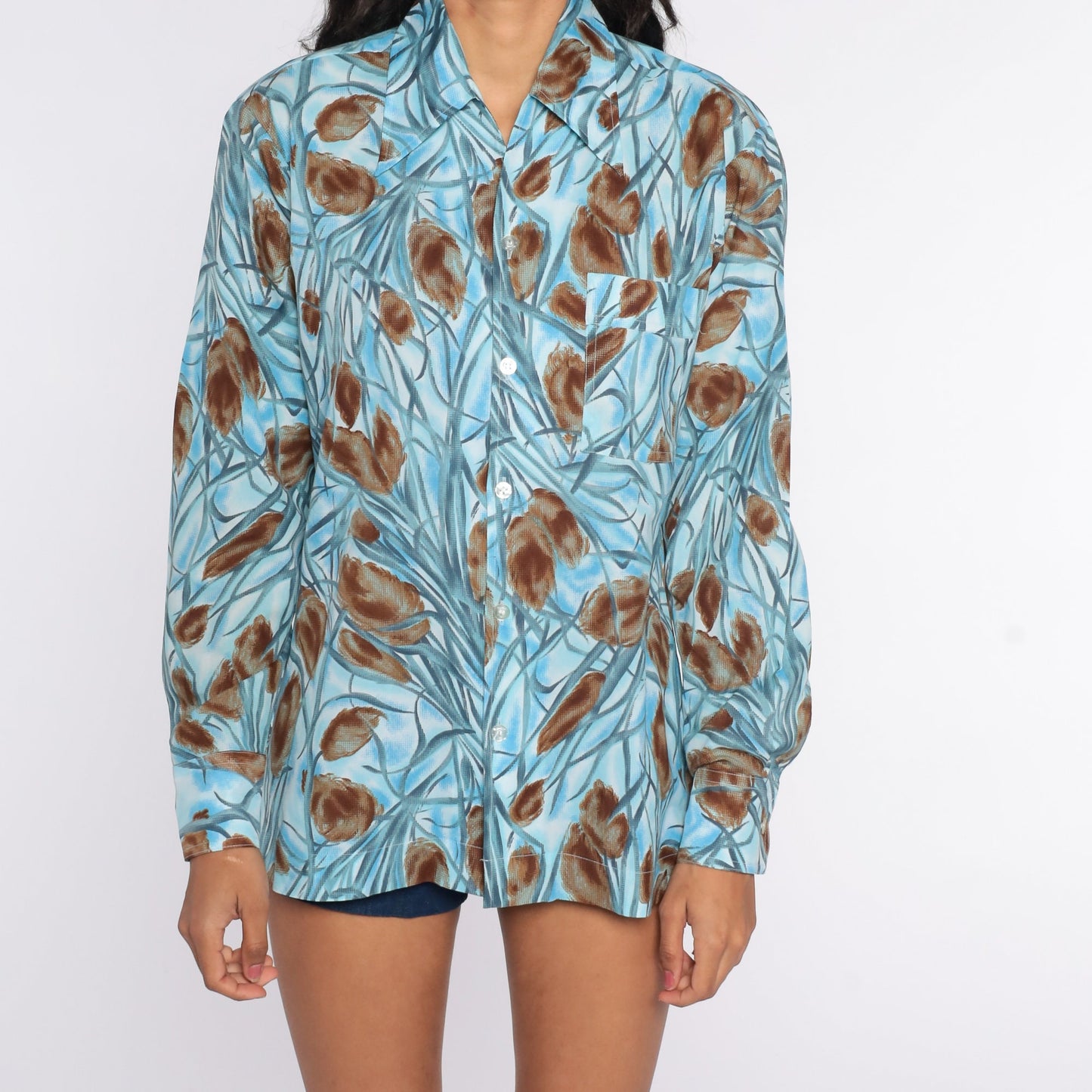 70s Blue Floral Button Up Shirt Dagger Collar Long Sleeve Medium