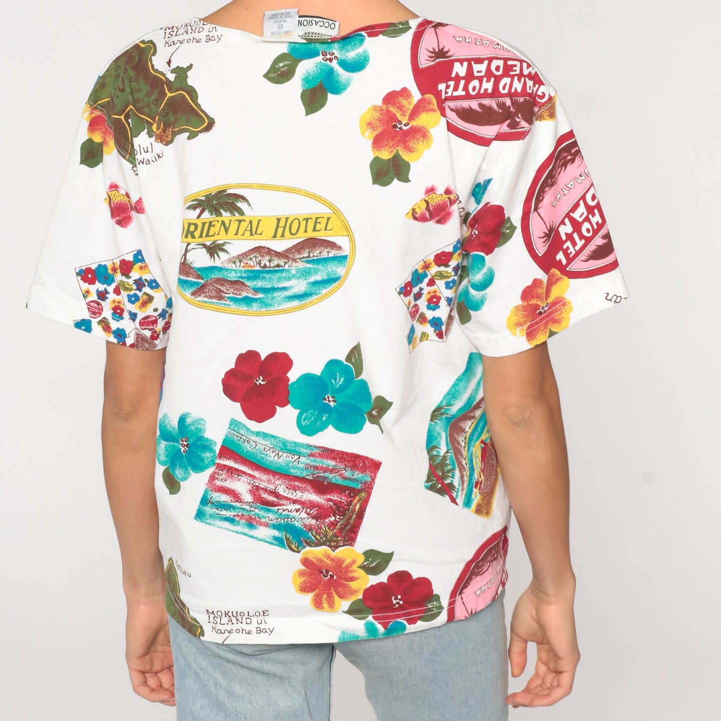 90s Hawaii Map Floral Graphic T-Shirt Mokuoloe Island Cotton Medium