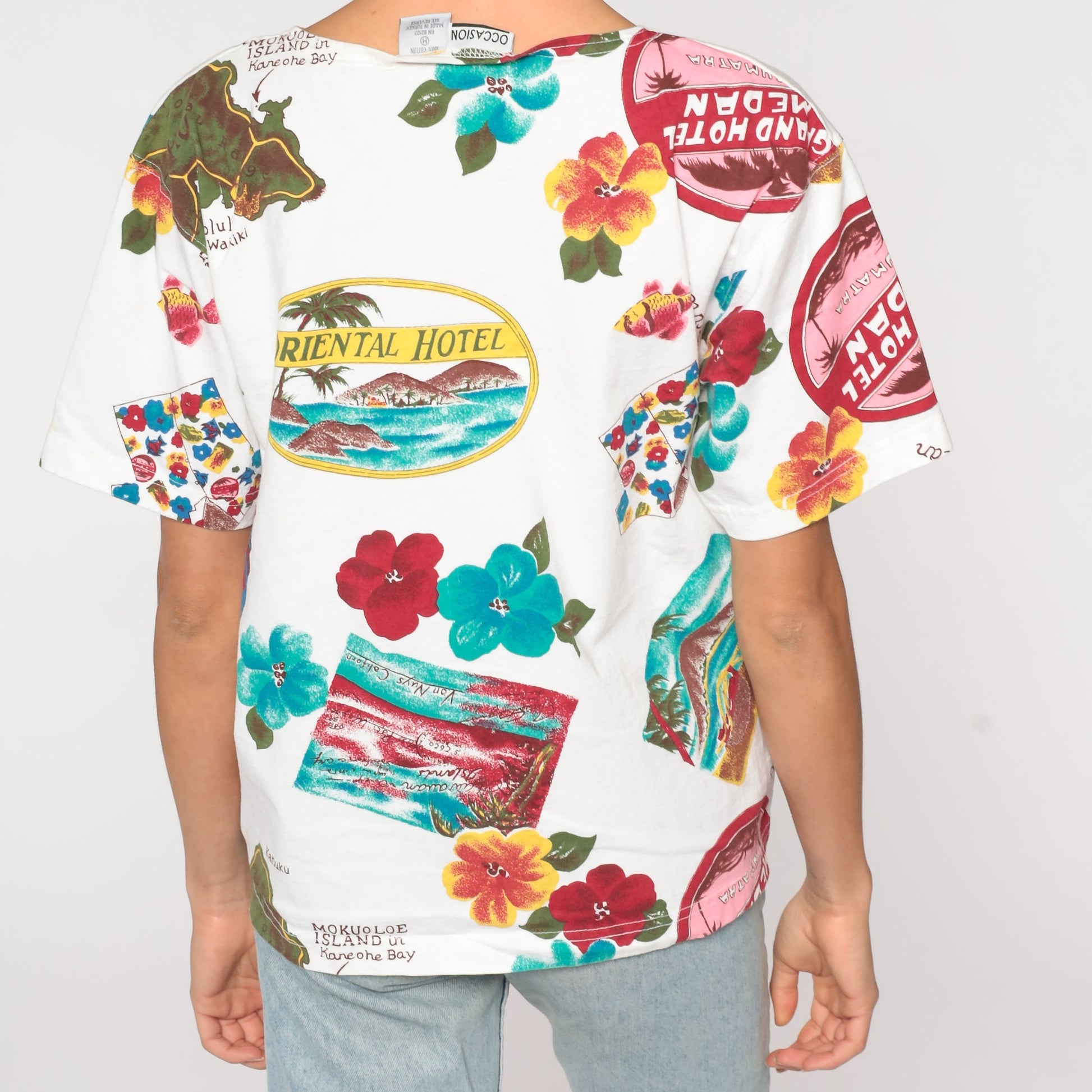 90s Hawaii Map Floral Graphic T-Shirt Mokuoloe Island Cotton Medium