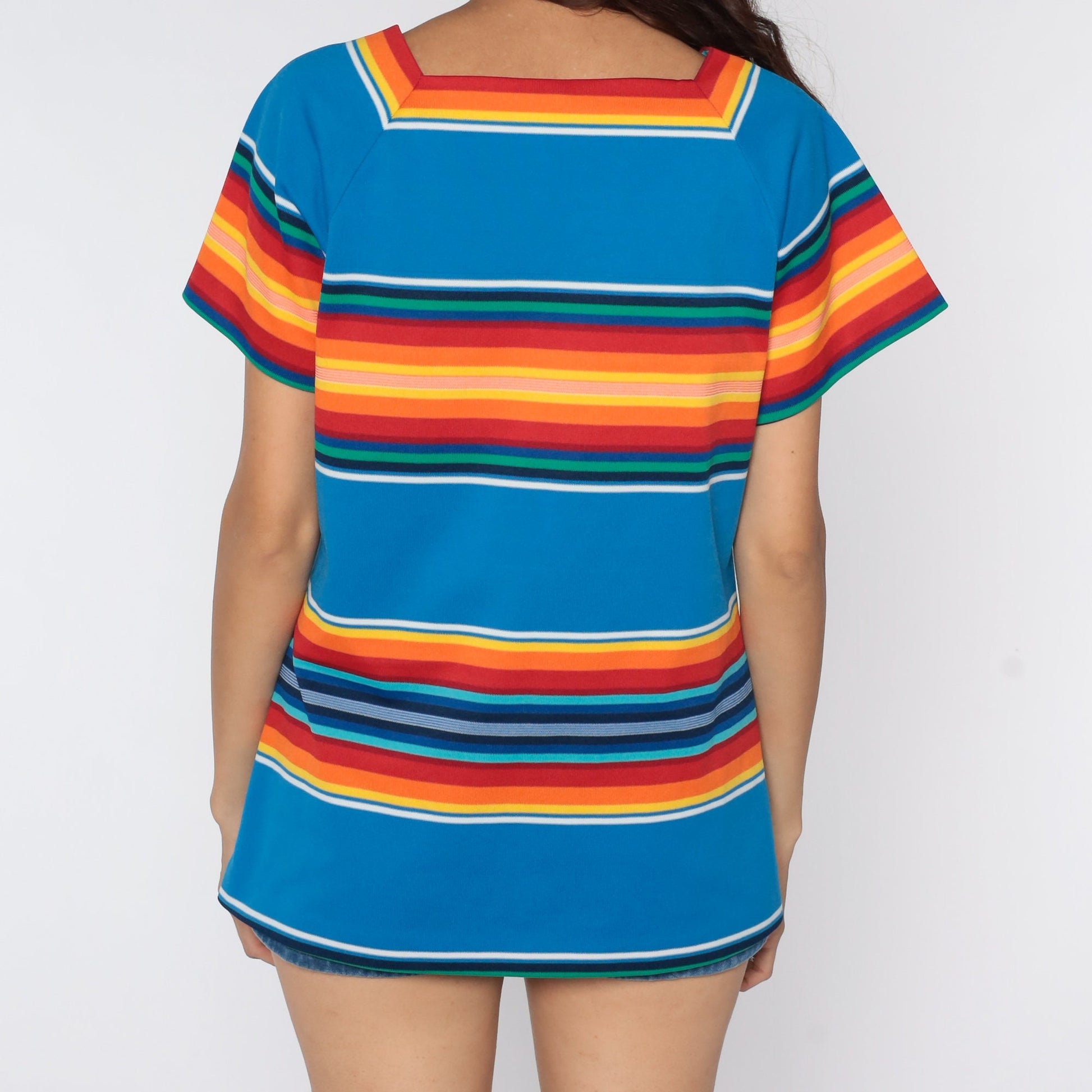 70s Rainbow Striped Raglan Blouse Polyester Knit Top Medium Large