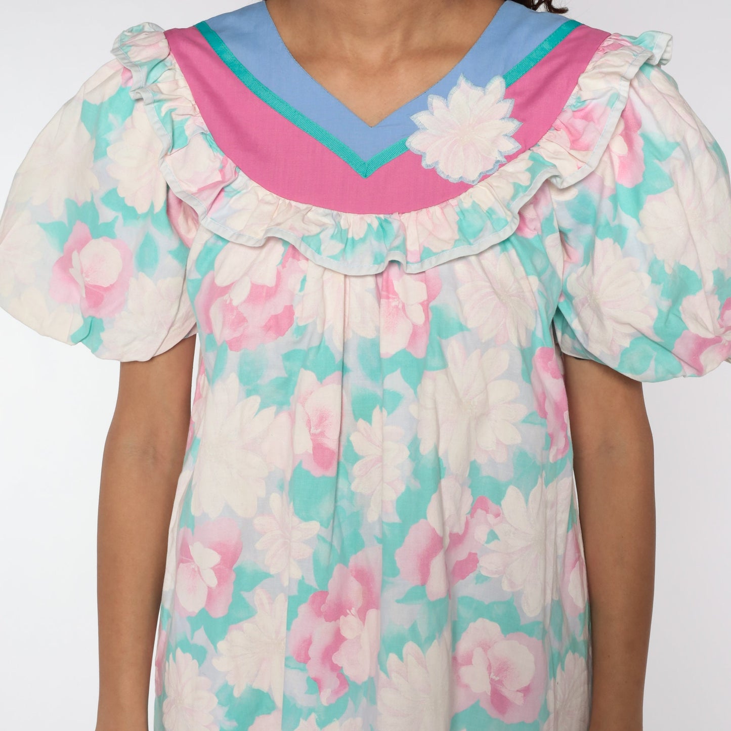 80s Floral Mini Dress Puff Sleeve Tent Cut White Pink Green Medium