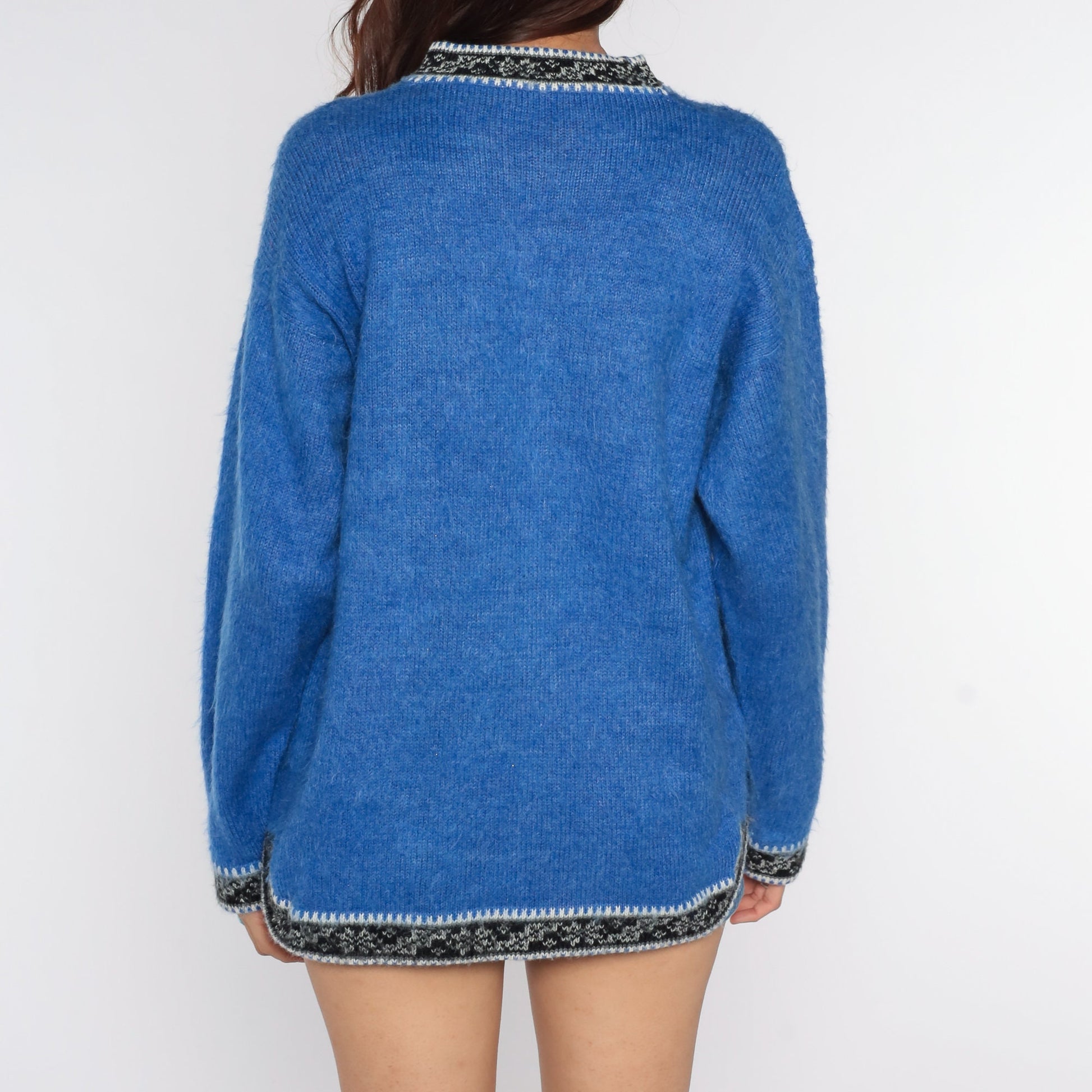 80s Blue Ringer Knit Sweater Nordic Trim Pullover Medium