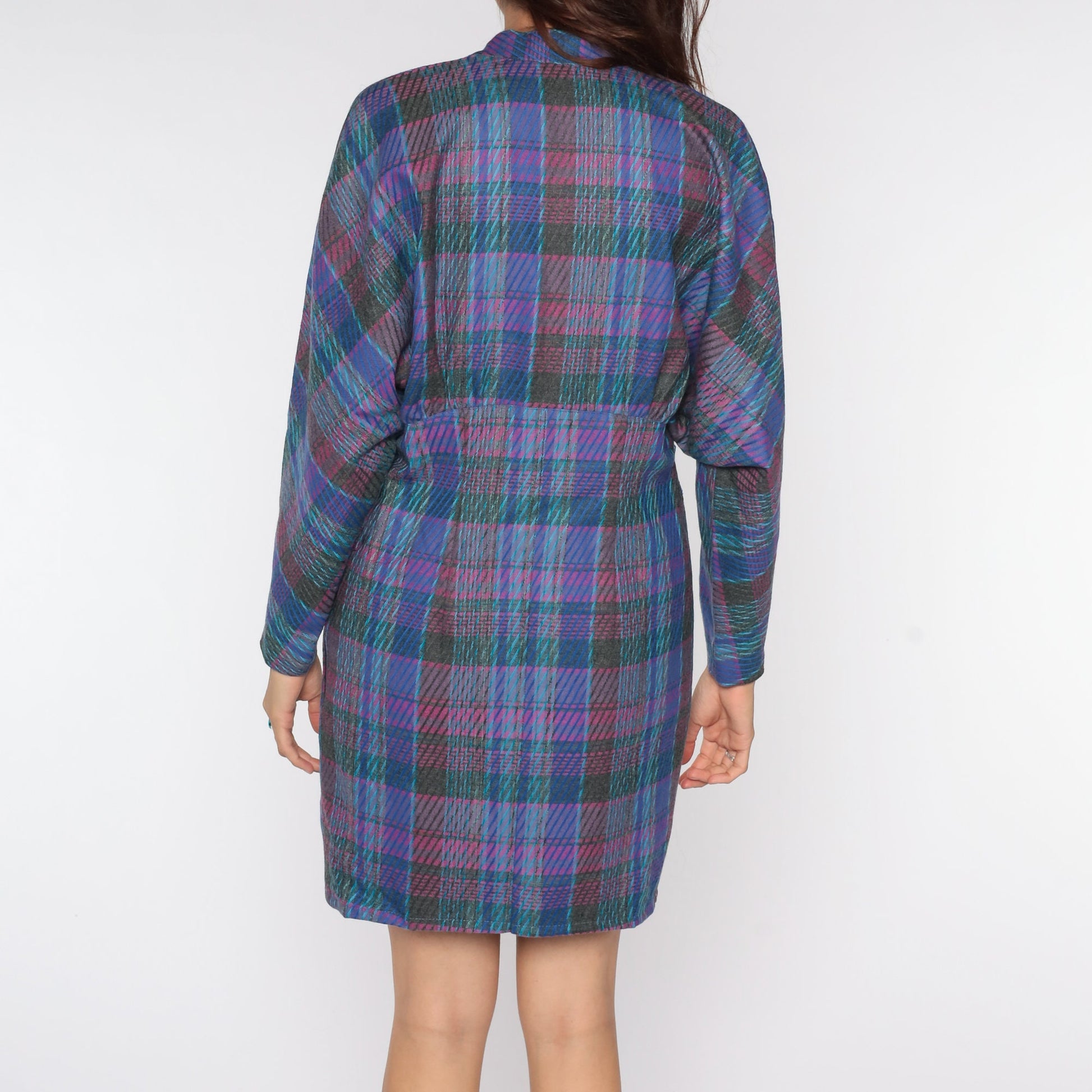 1970s Purple Plaid Mini Dress V-Neck Dolman Sleeve Pencil Skirt Medium