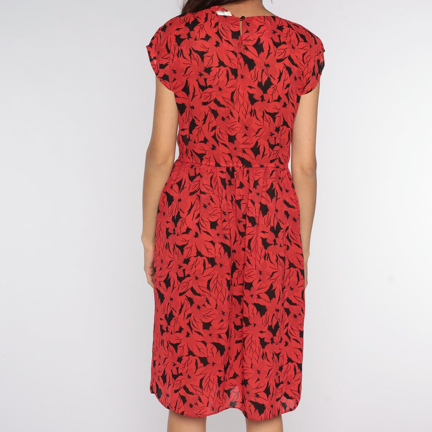 80s Floral Midi Dress Red Black Cap Sleeve High Waist Medium