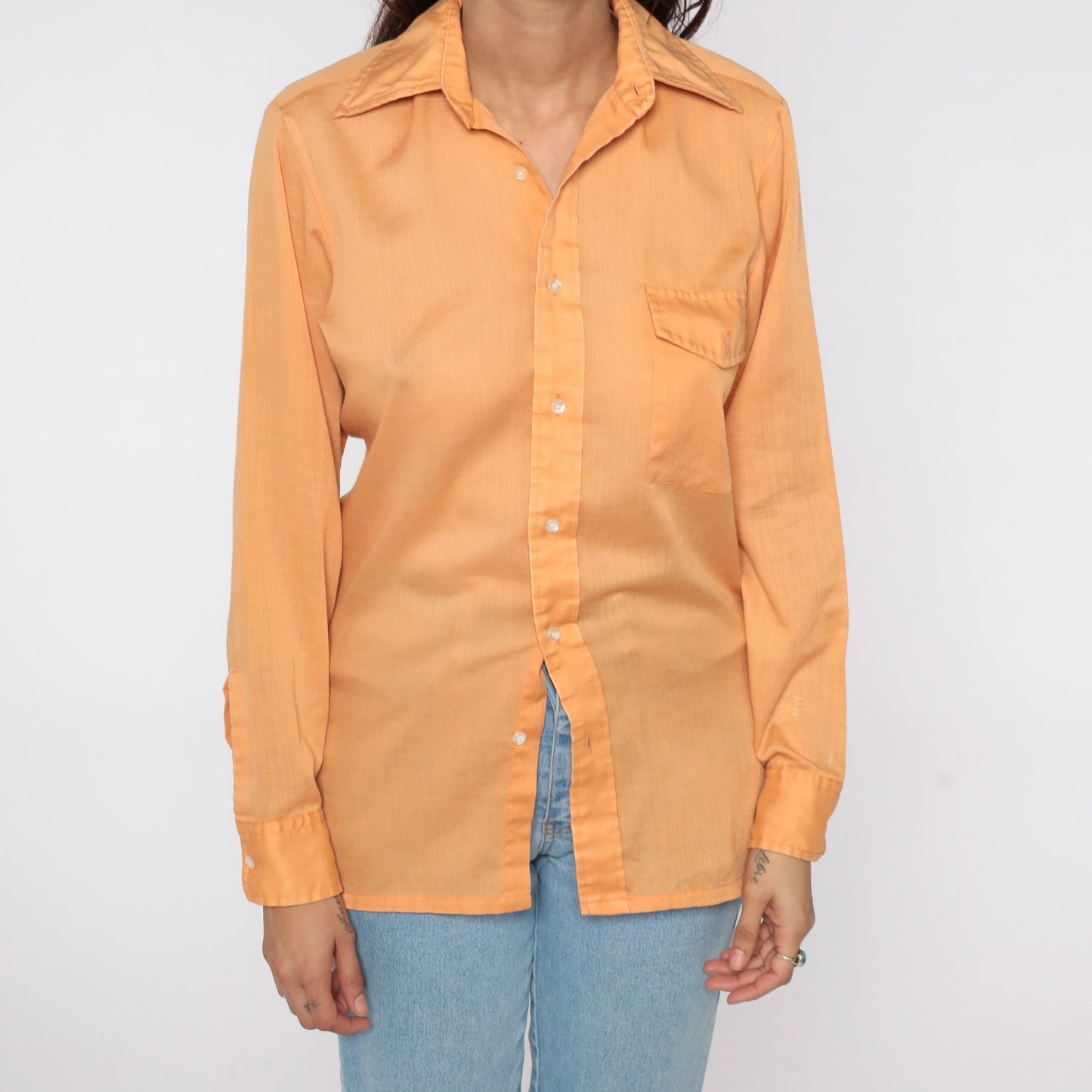 70s Orange Semi-Sheer Button-Up Shirt Long Sleeve Disco Collared Medium