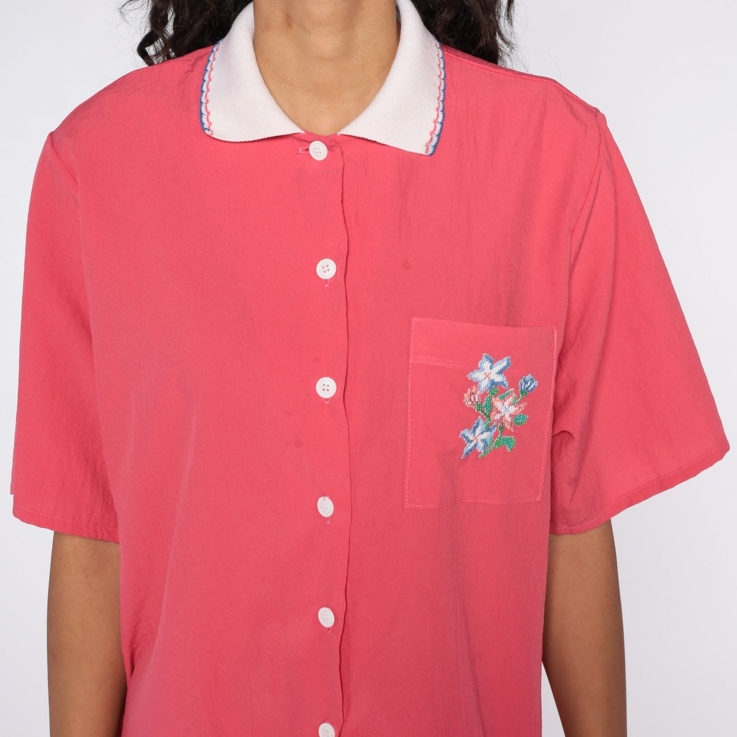 90s Bonworth Floral Button Up Blouse Pink Pocket Shirt Extra Large