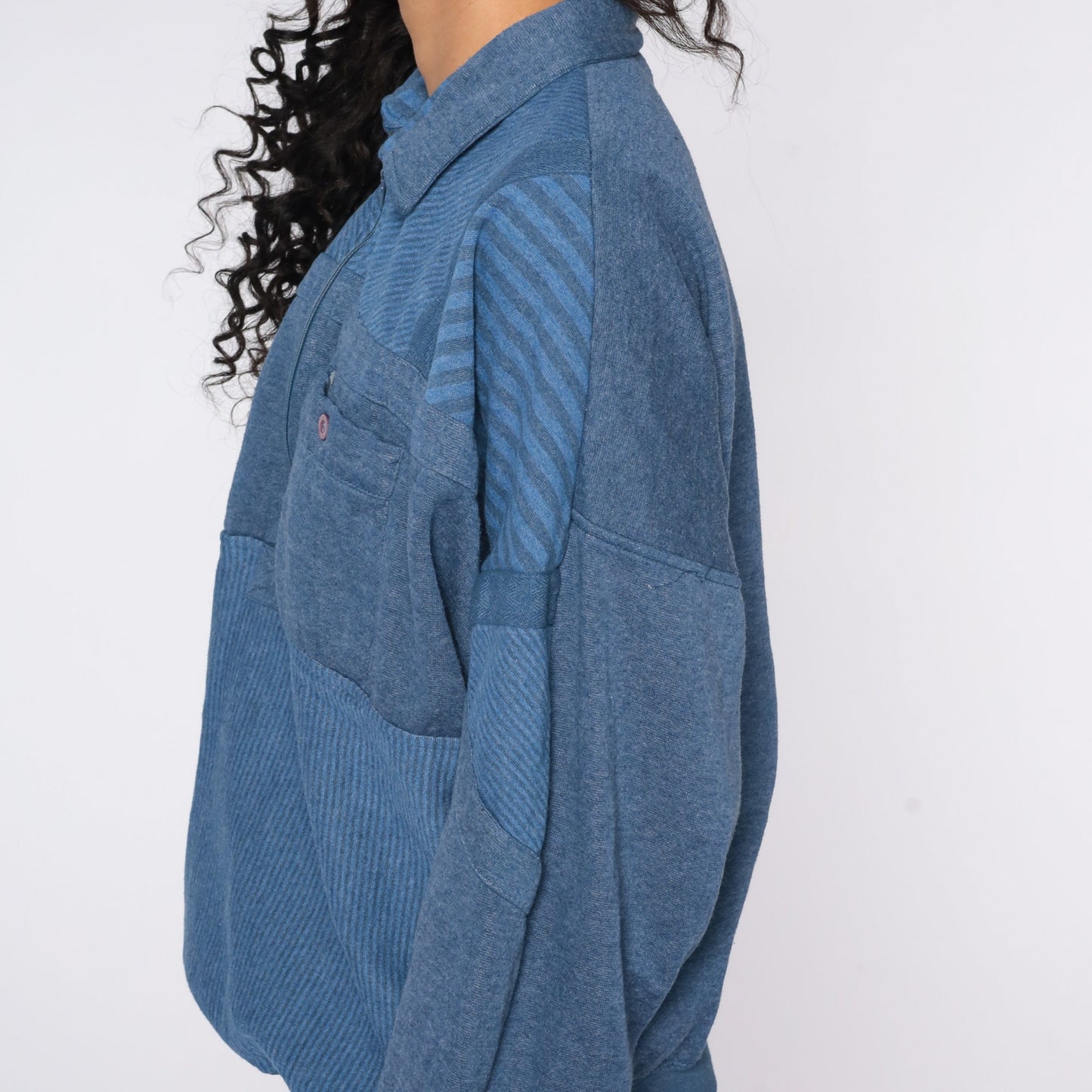 80s Striped Quarter Zip Sweatshirt White Blue Yellow Drawstring Large