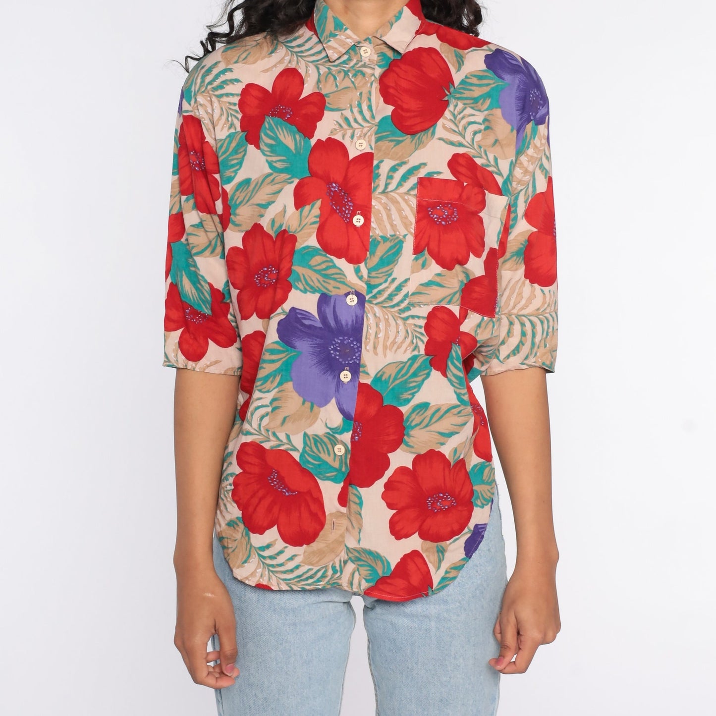 90s Floral Rayon Button-Up Blouse Taupe Red Flower Print Small