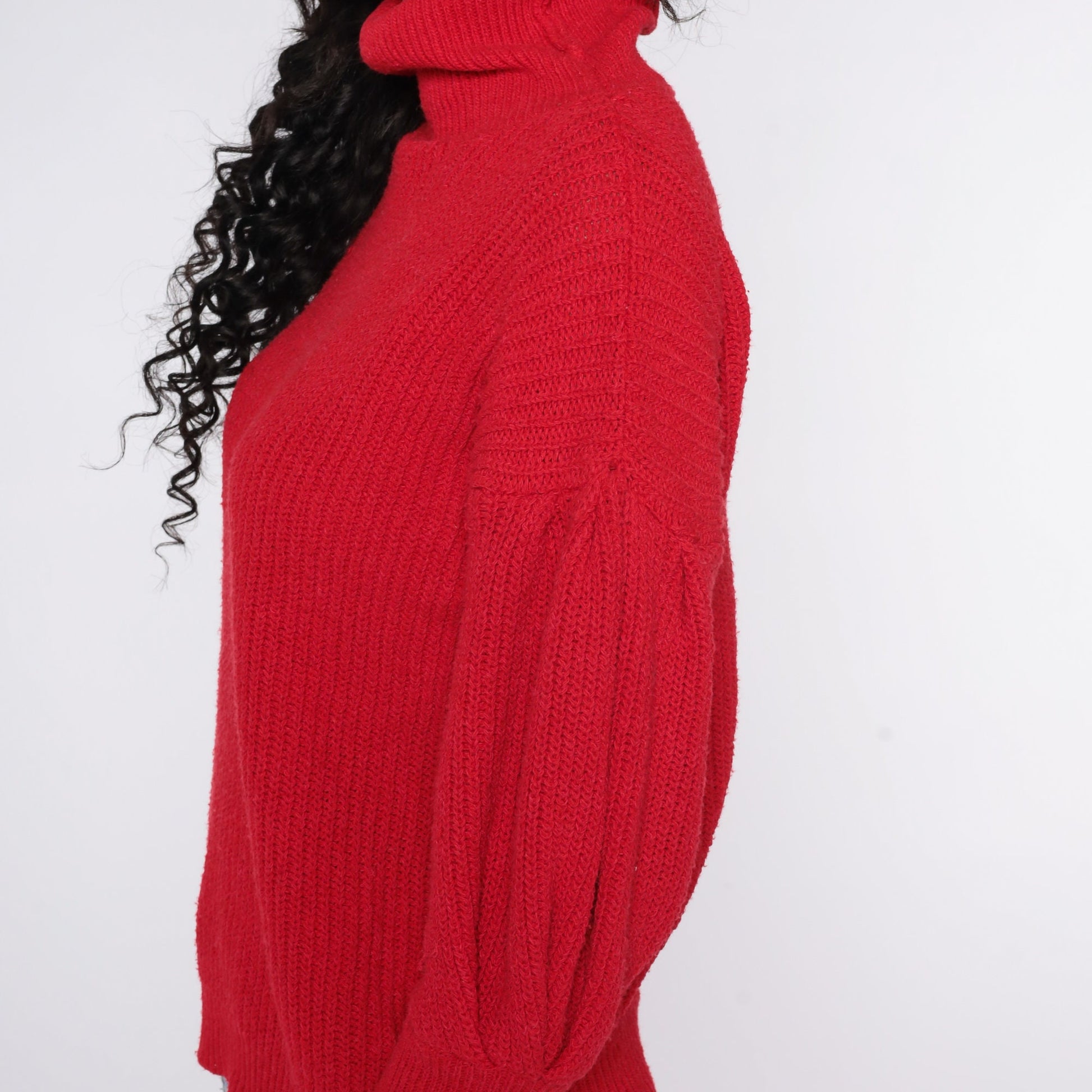 80s Red Mock Neck Balloon Sleeve Knit Sweater Medium