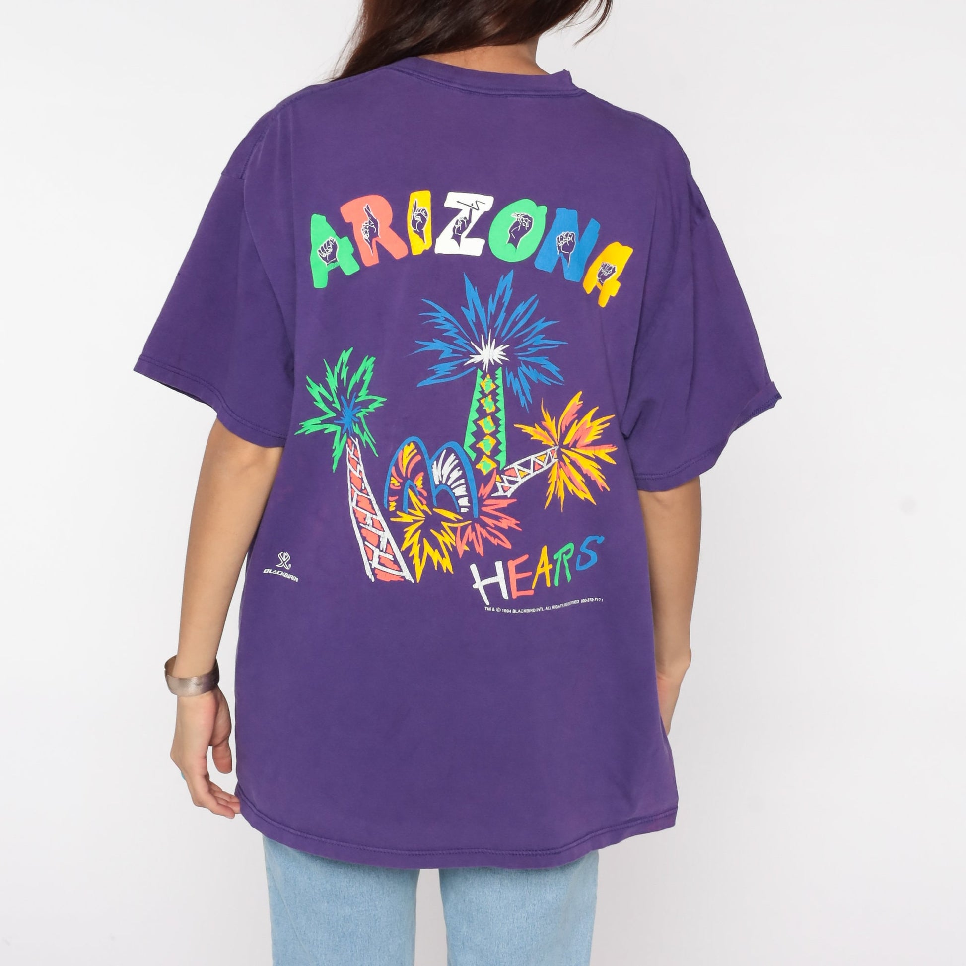 90s HEARS Arizona Sign Language Graphic T-Shirt Purple Cotton Pocket Tee Extra Large XL