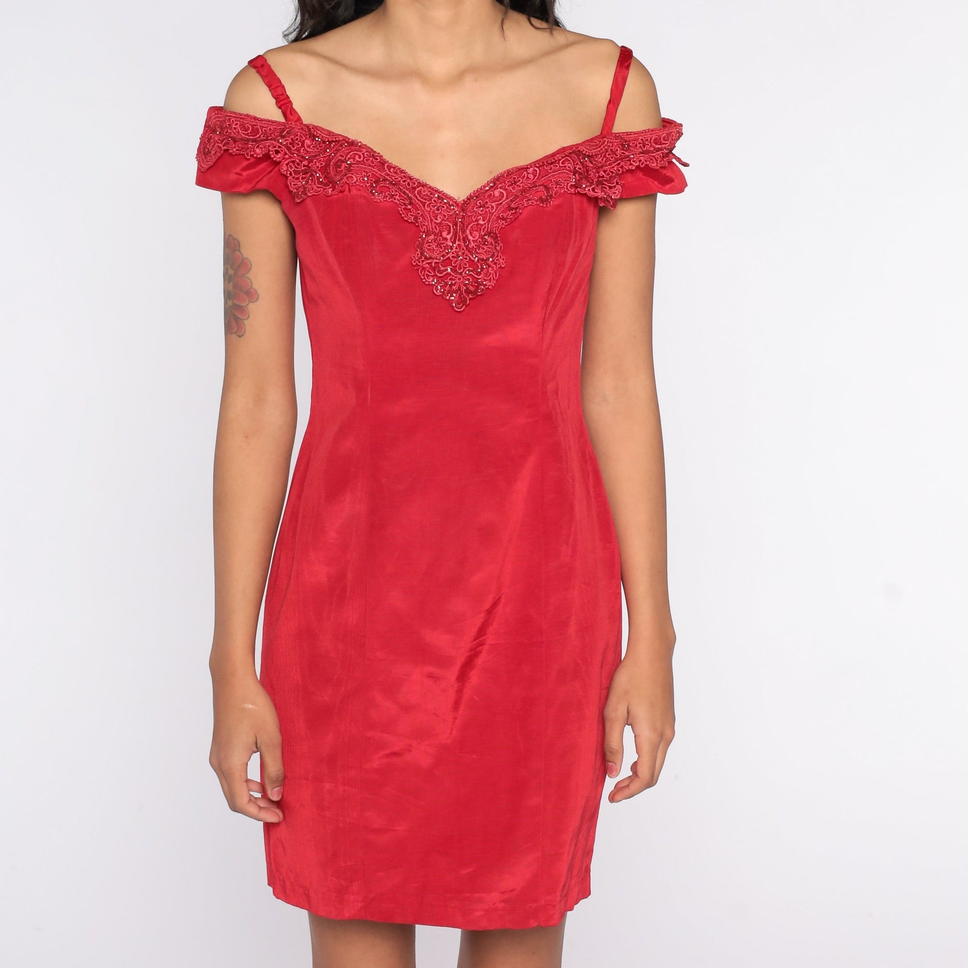 80s Zum Zum Red Off-Shoulder Mini Dress Glitter Trim Bodycon Small