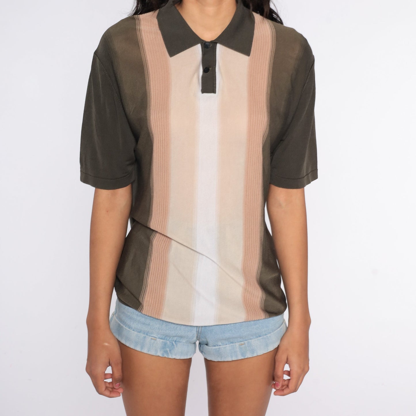 80s Brown Striped Polo Shirt Half Button Chest Medium