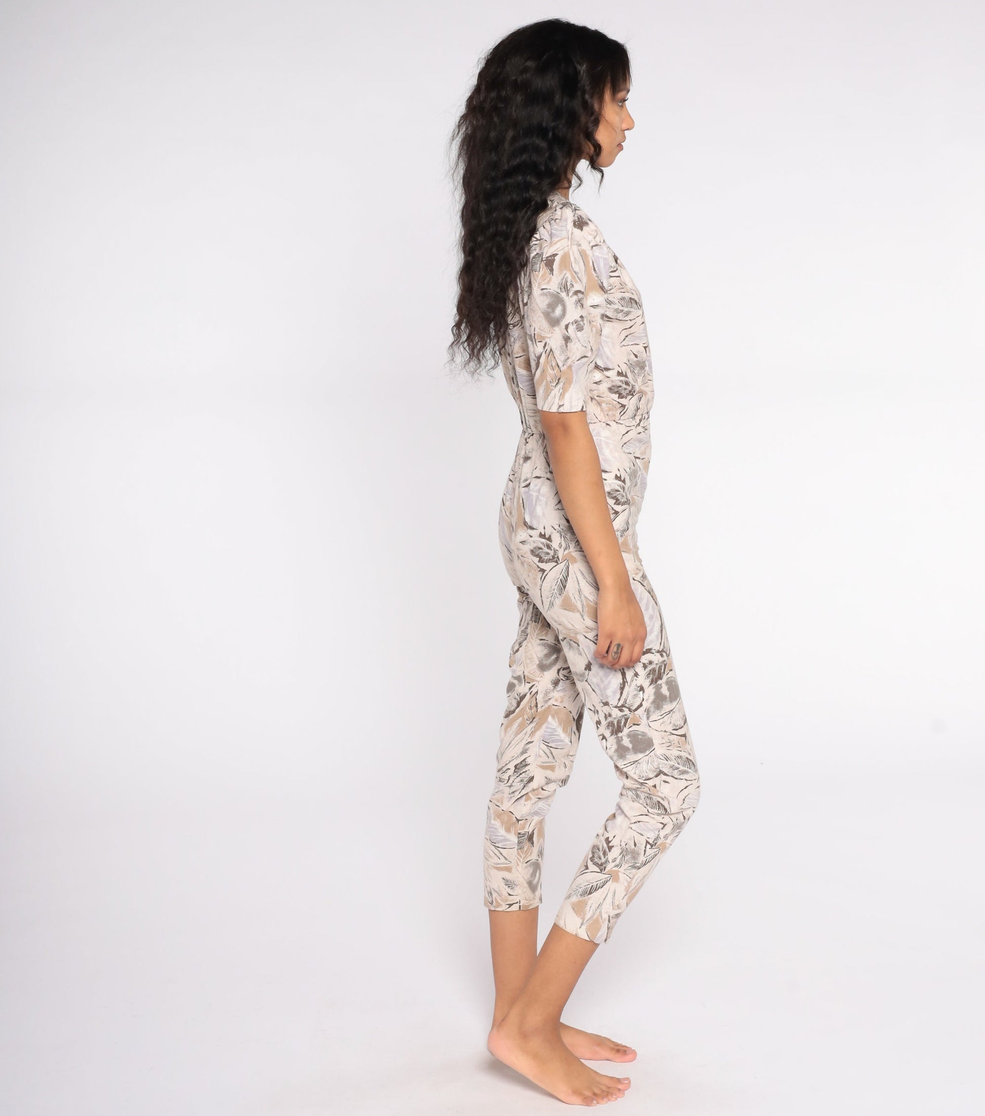 80s Tropical Leaf Print Jumpsuit Puff Sleeve Wrap Bodice Tan Extra Small