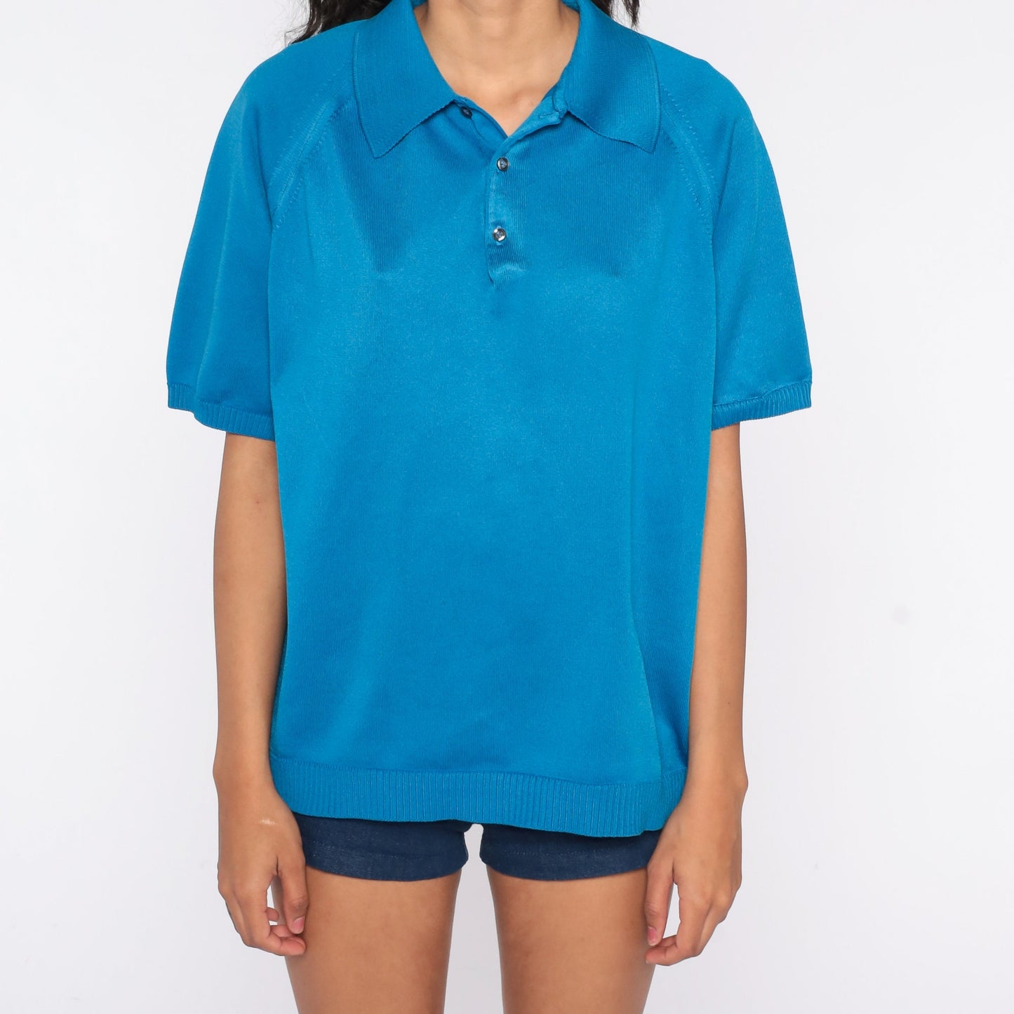 70s Blue Polyester Knit Polo Shirt Pointed Collar Short Sleeve Extra Large