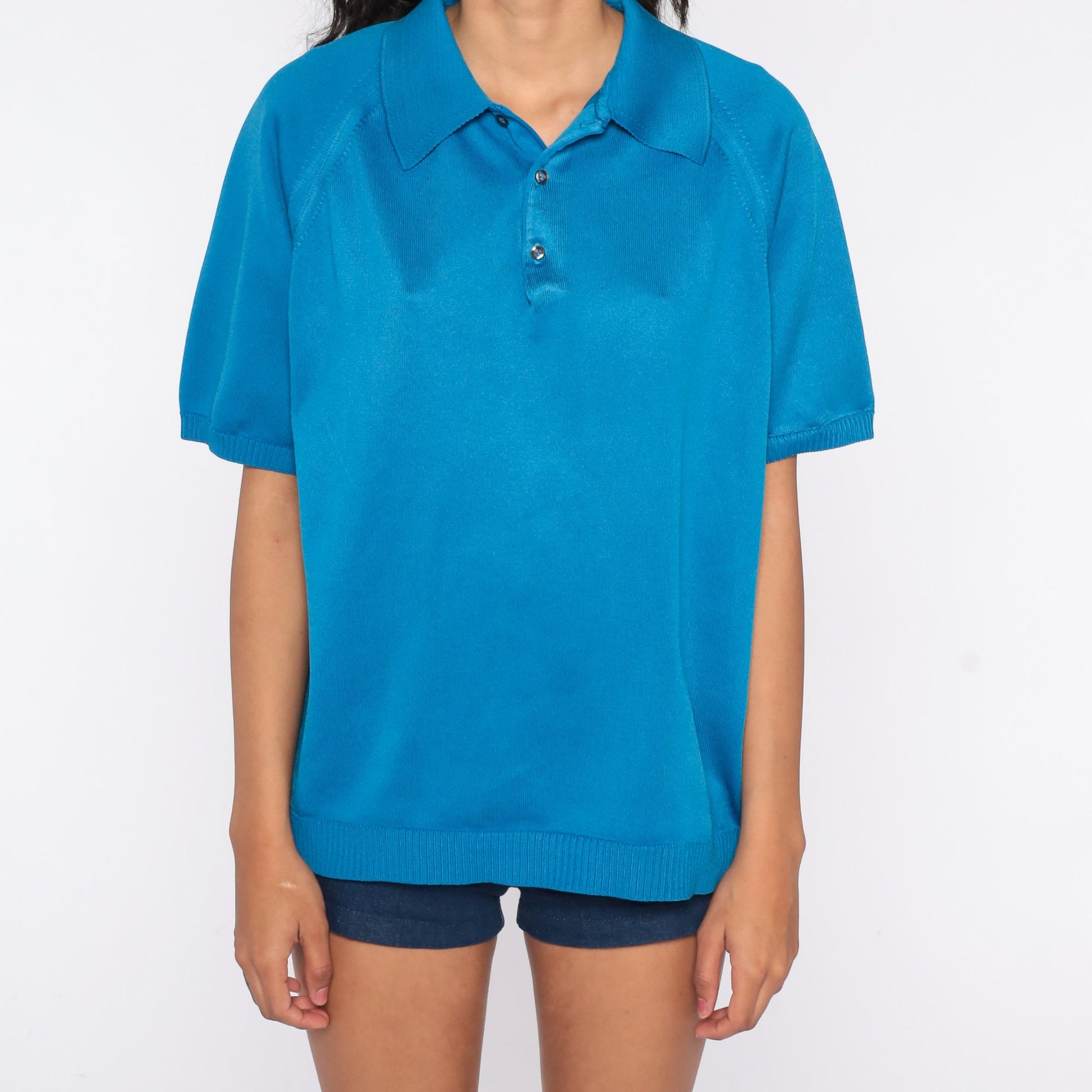 70s Blue Polyester Knit Polo Shirt Pointed Collar Short Sleeve Extra Large