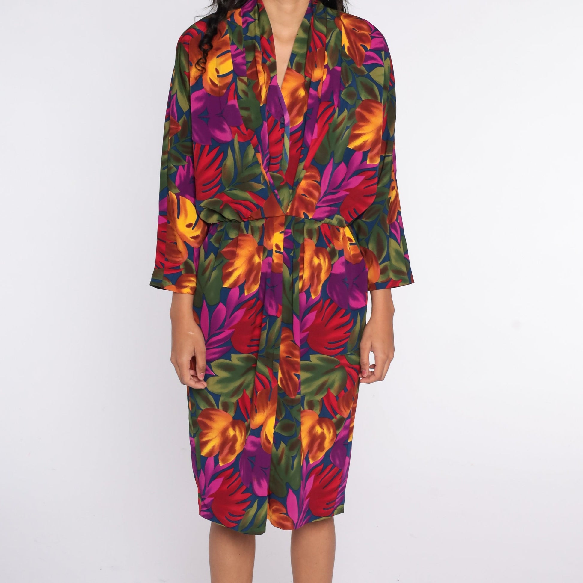 90s Tropical Floral Midi Dress Dolman Sleeve Purple High Waist Large 14