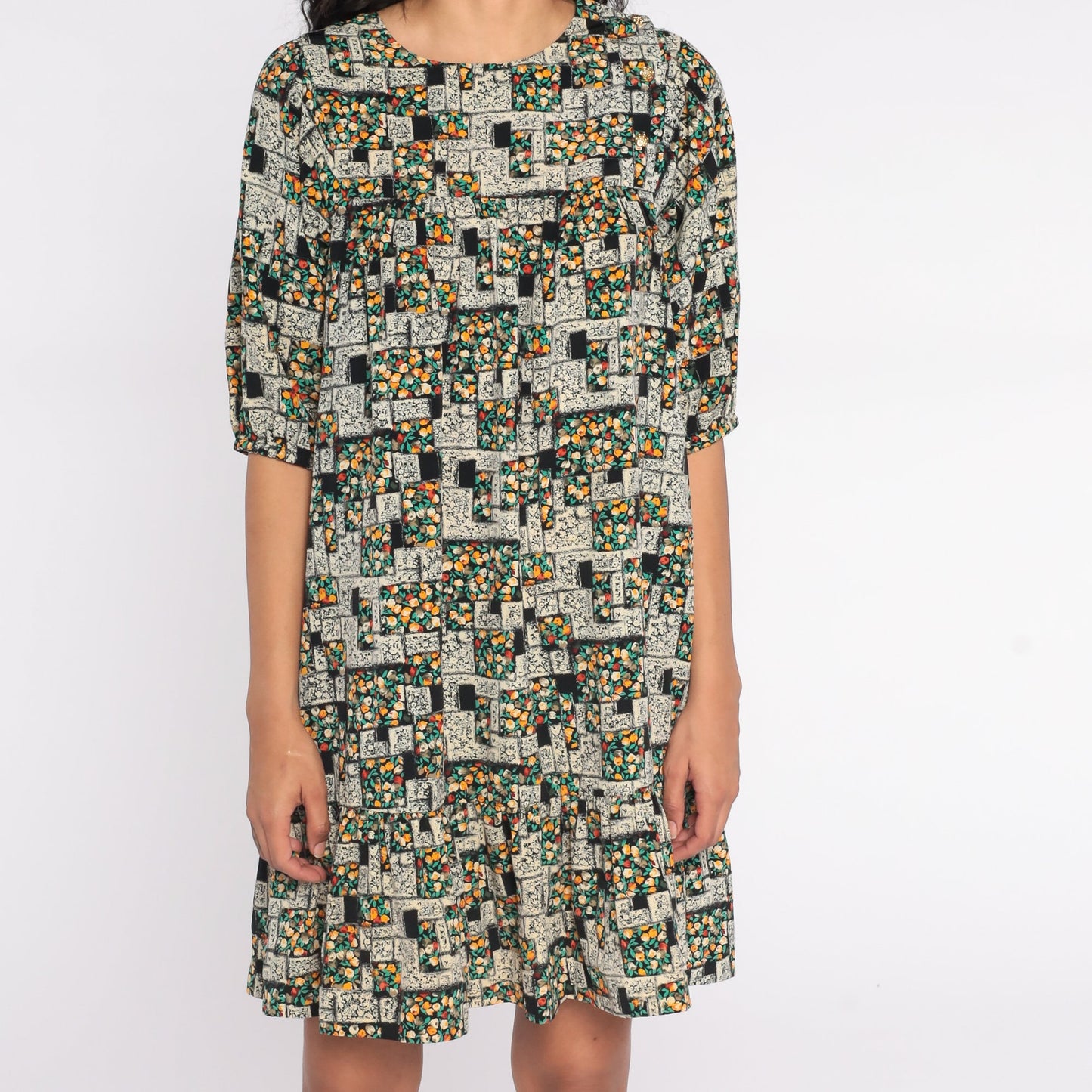 80s Floral Mini Dress Tent Cut Puff Sleeve Black Green Small S