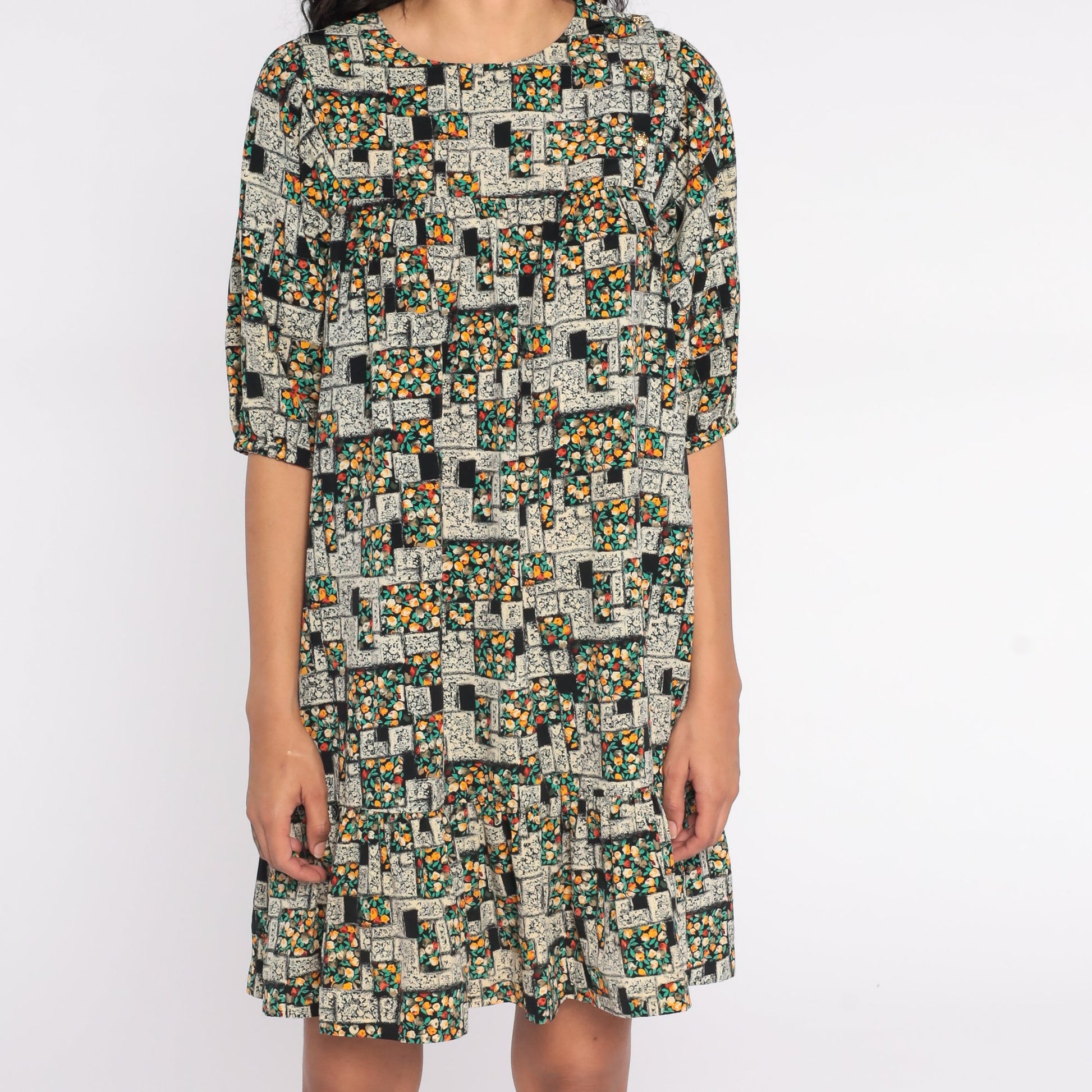 80s Floral Mini Dress Tent Cut Puff Sleeve Black Green Small S