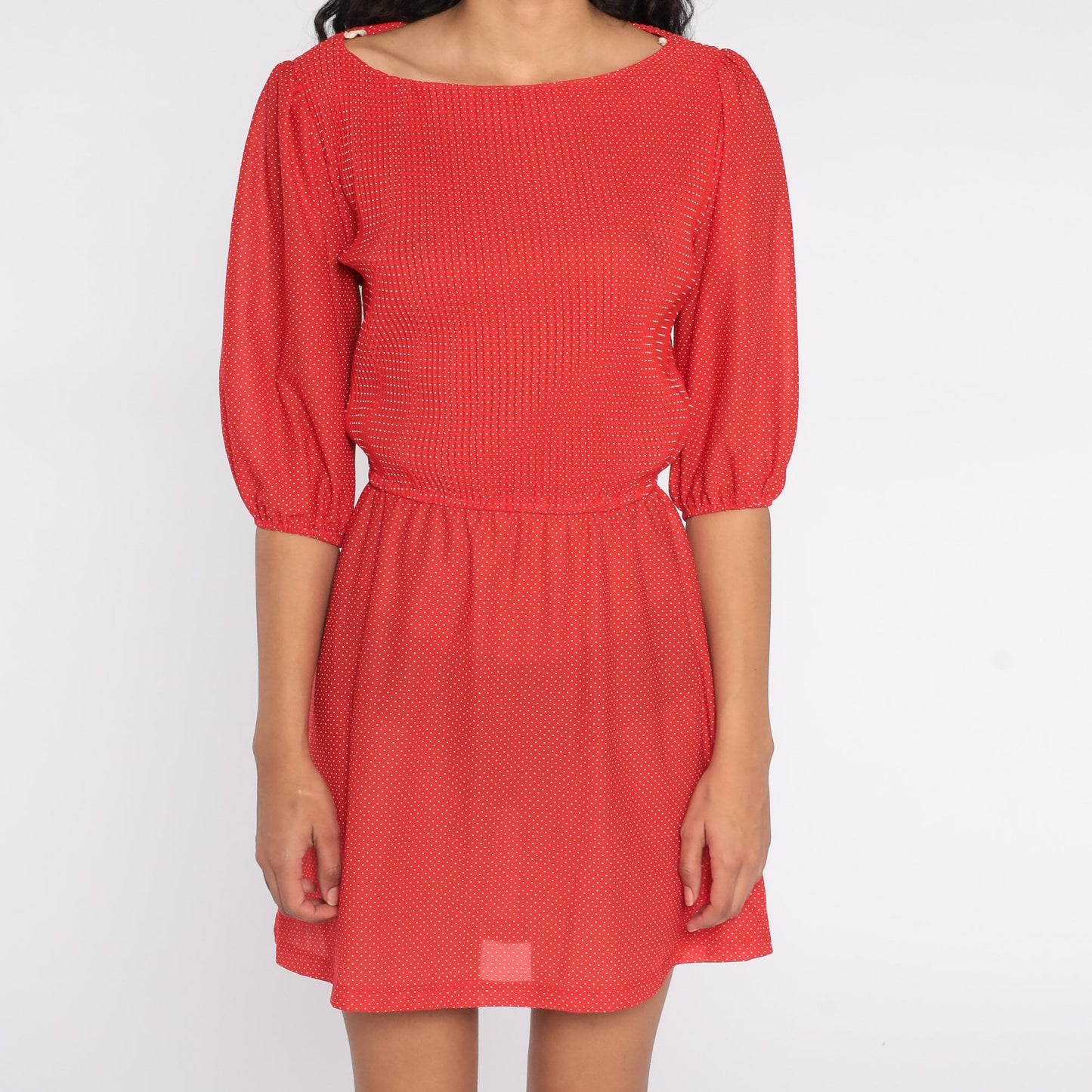 80s Red Polka Dot Mini Dress Puff Sleeve High Waisted Medium