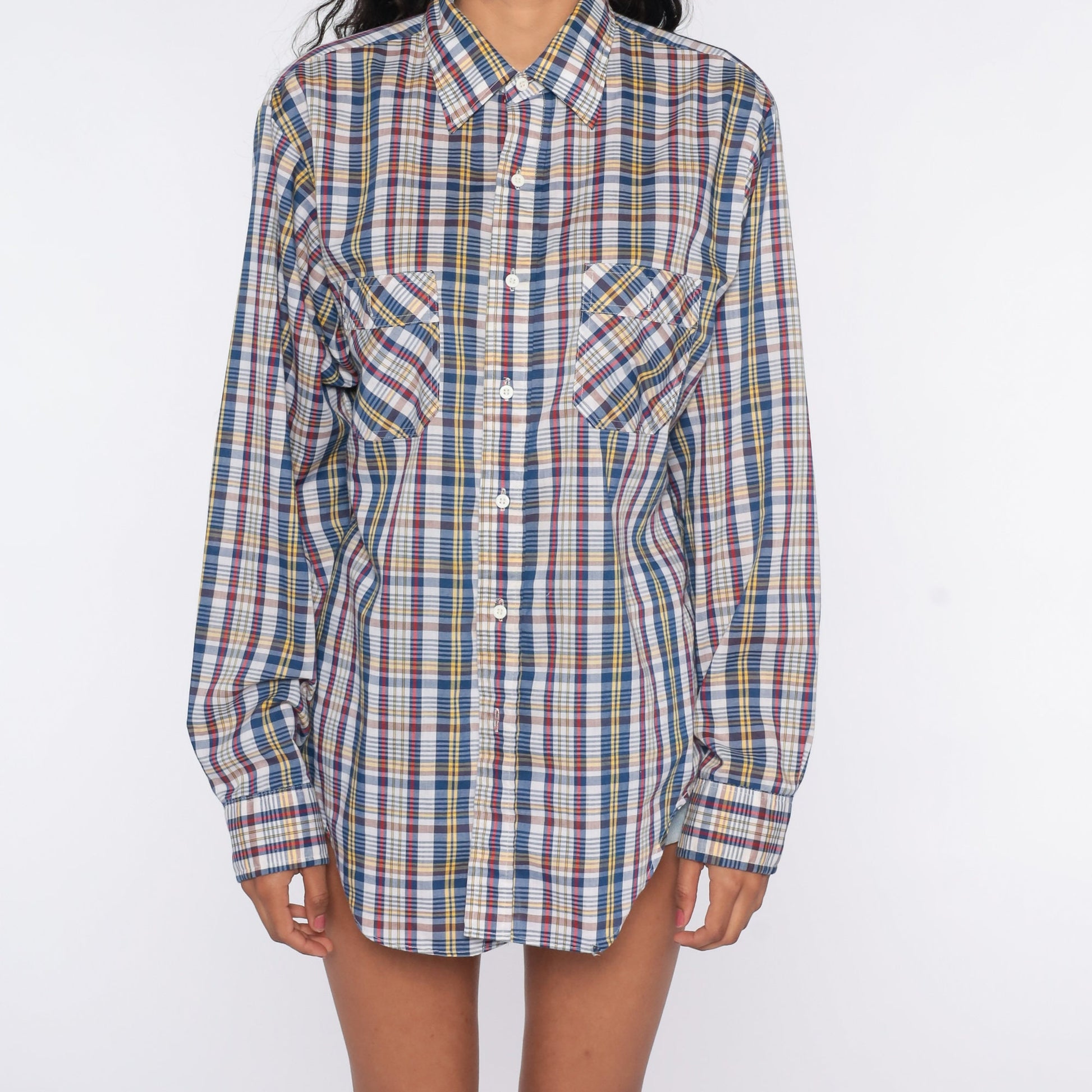 80s Blue Red Plaid Button-Up Shirt Cotton Checkered Oxford Large