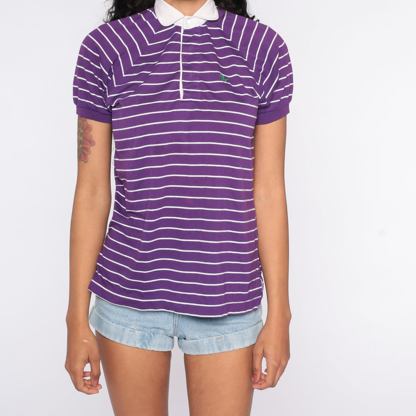 80s Purple Striped Horse Polo Shirt Short Sleeve Button Up Small S