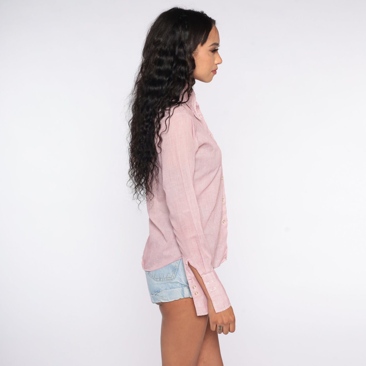 70s Checkered Cotton Shirt Dagger Collar Long Sleeve Blouse Small