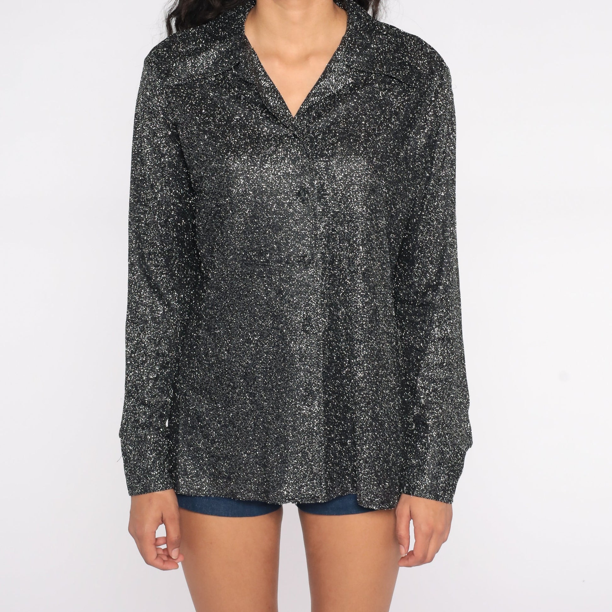 70s Silver Metallic Button-Up Blouse Long Sleeve Disco Shirt Large L