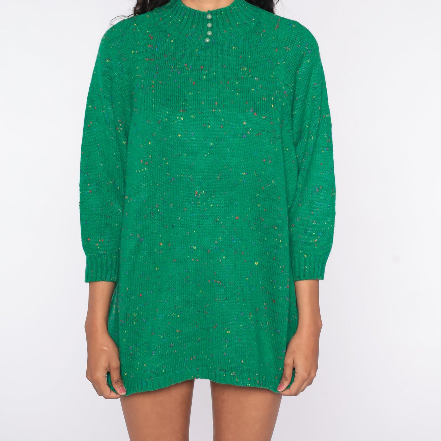 70s Green Flecked Wool Knit Sweater Mock Neck Longline Pullover One Size