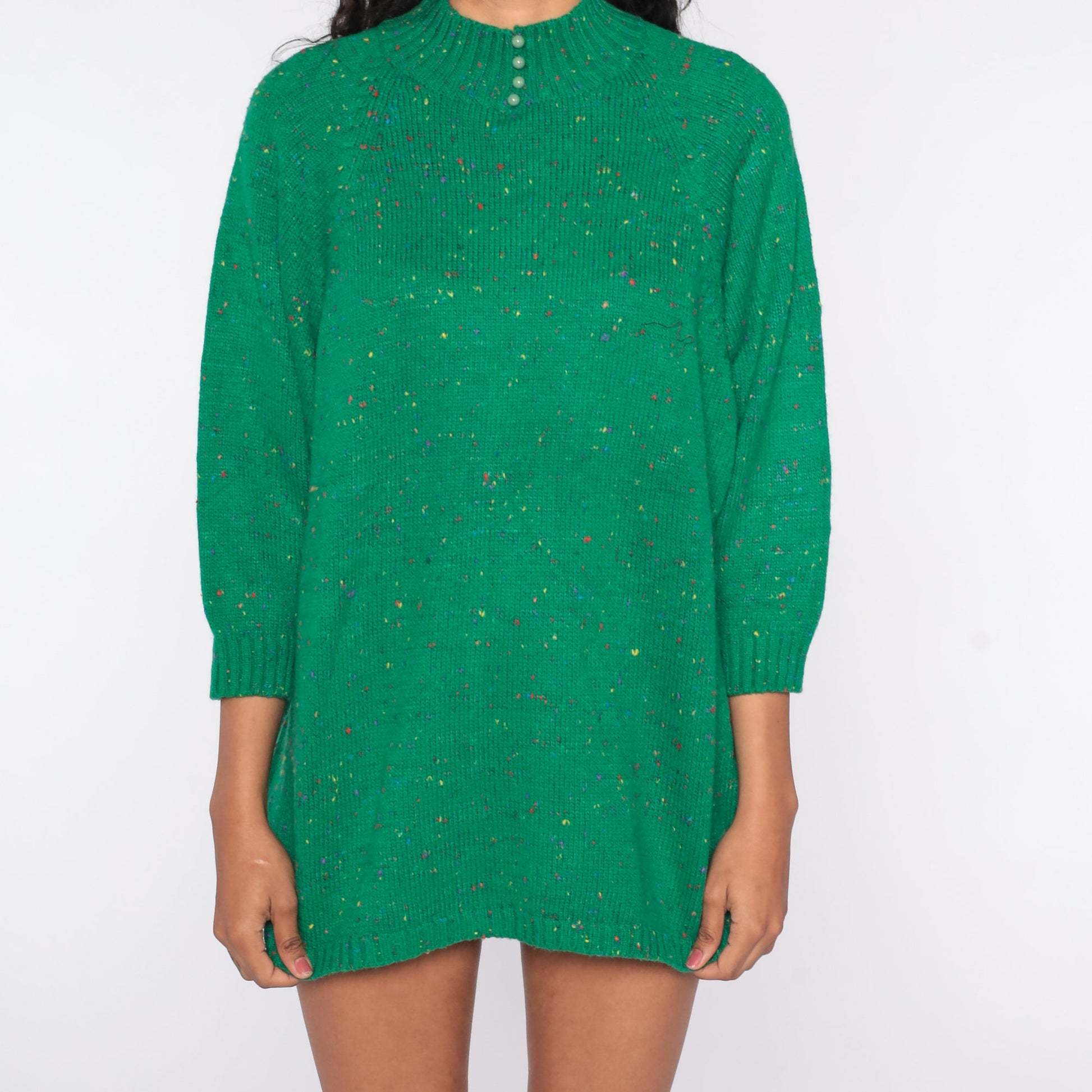 70s Green Flecked Wool Knit Sweater Mock Neck Longline Pullover One Size