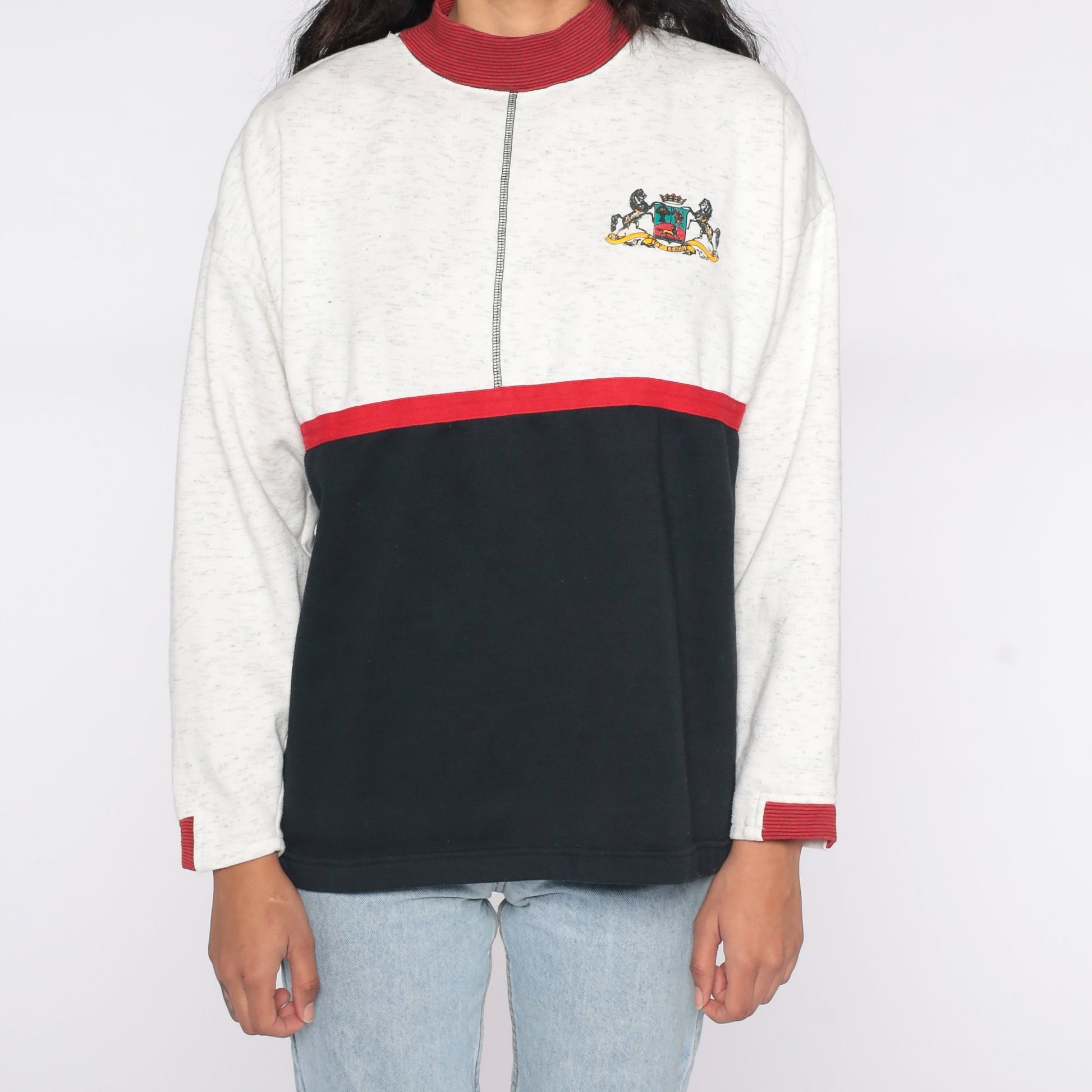90s Horse Crest Colour Block Sweatshirt Grey Black Mock Neck Medium Large