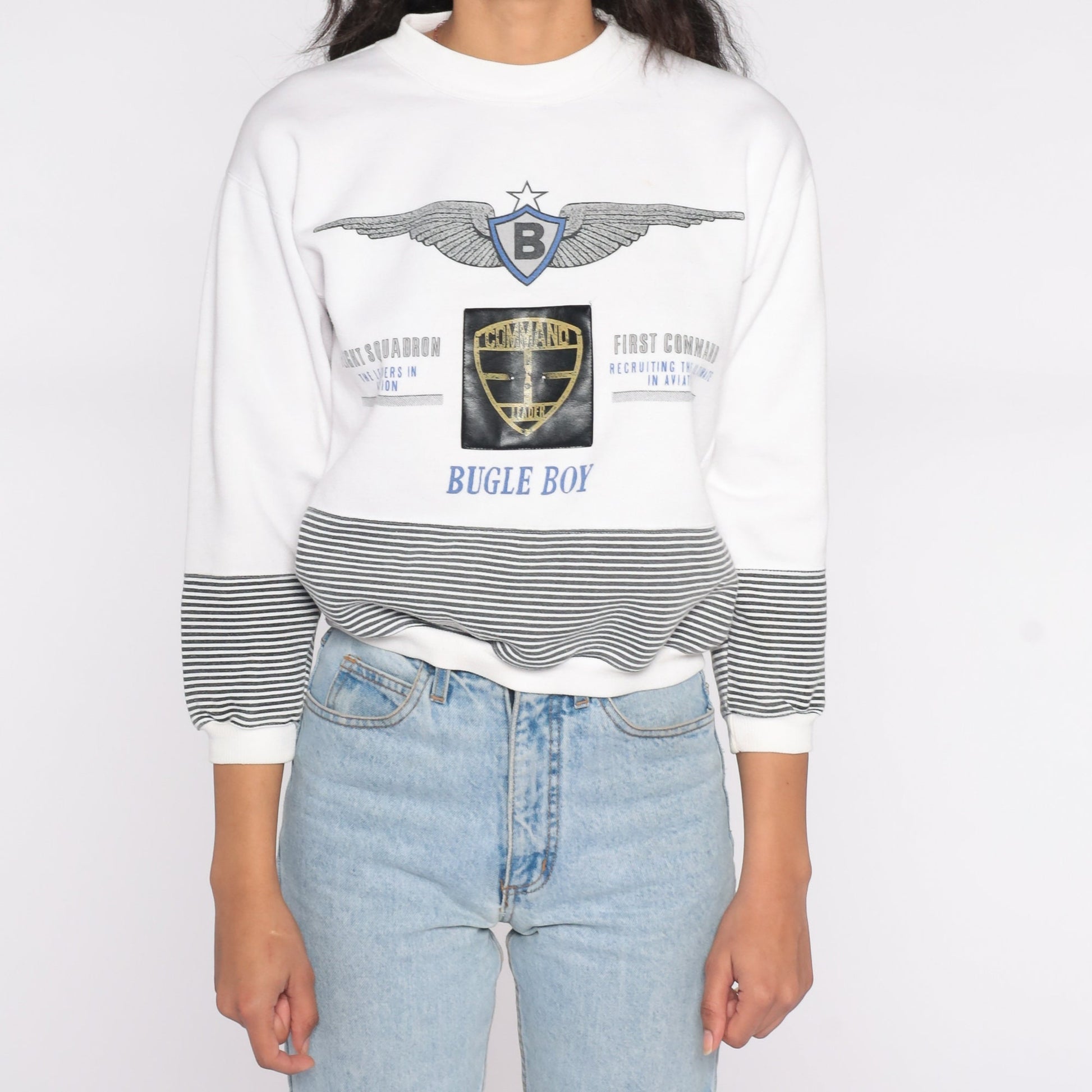 90s Bugle Boy White Striped Military Sweatshirt Extra Small XS