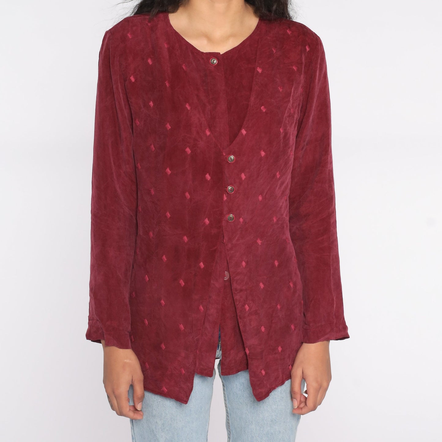 90s Burgundy Button Up Blouse with Attached Vest Rayon Medium