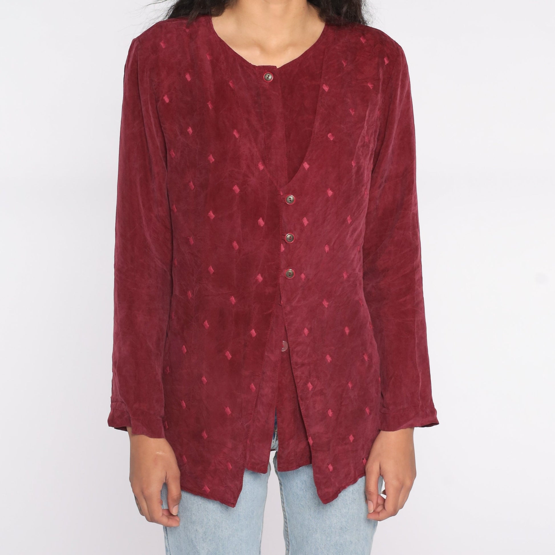 90s Burgundy Button Up Blouse with Attached Vest Rayon Medium
